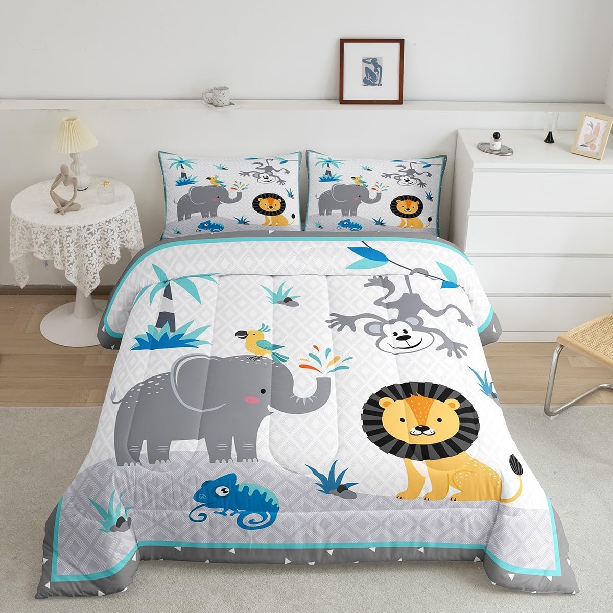 Wild Animals Comforter Set,Lion and Monkey Bedding Set for Kids Girls Women,Adults Elephant Comforter,Geometric Stitching Quilted Duvet Set Bedroom