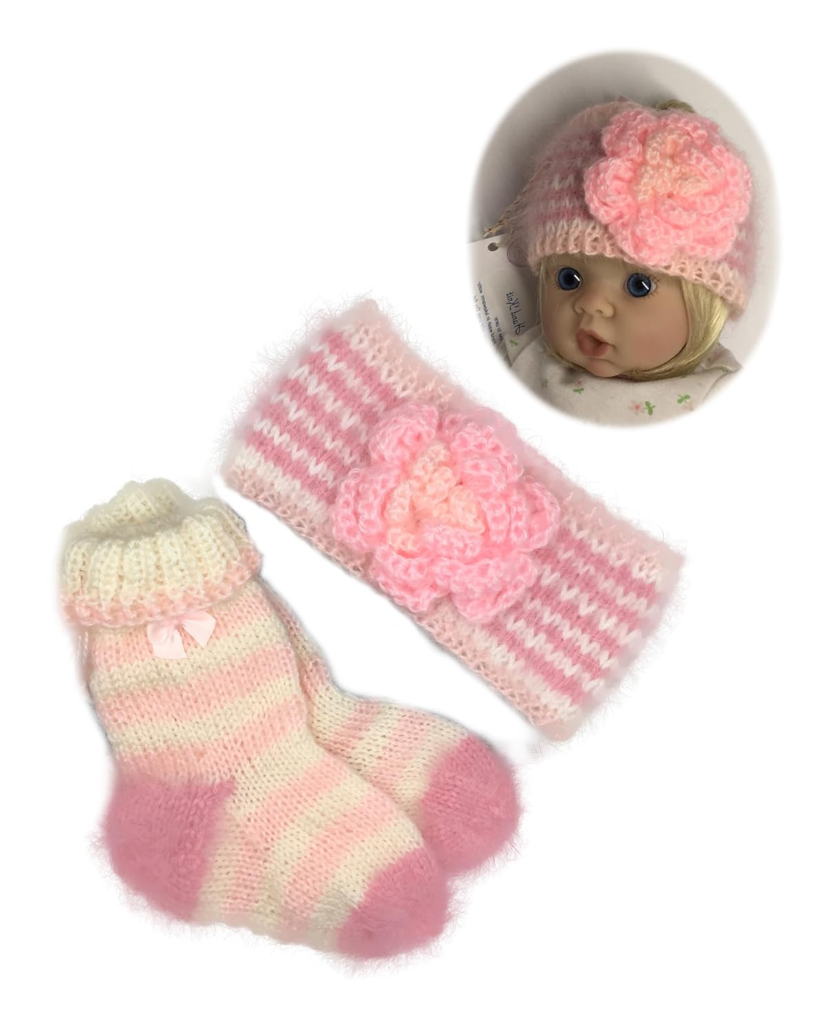 Baby Girl Headband and Matching Socks Booties Set. Handmade of Softest Natural Fibers. Fits 12-18 Months Baby Girl. Pink and White Colors. Designer