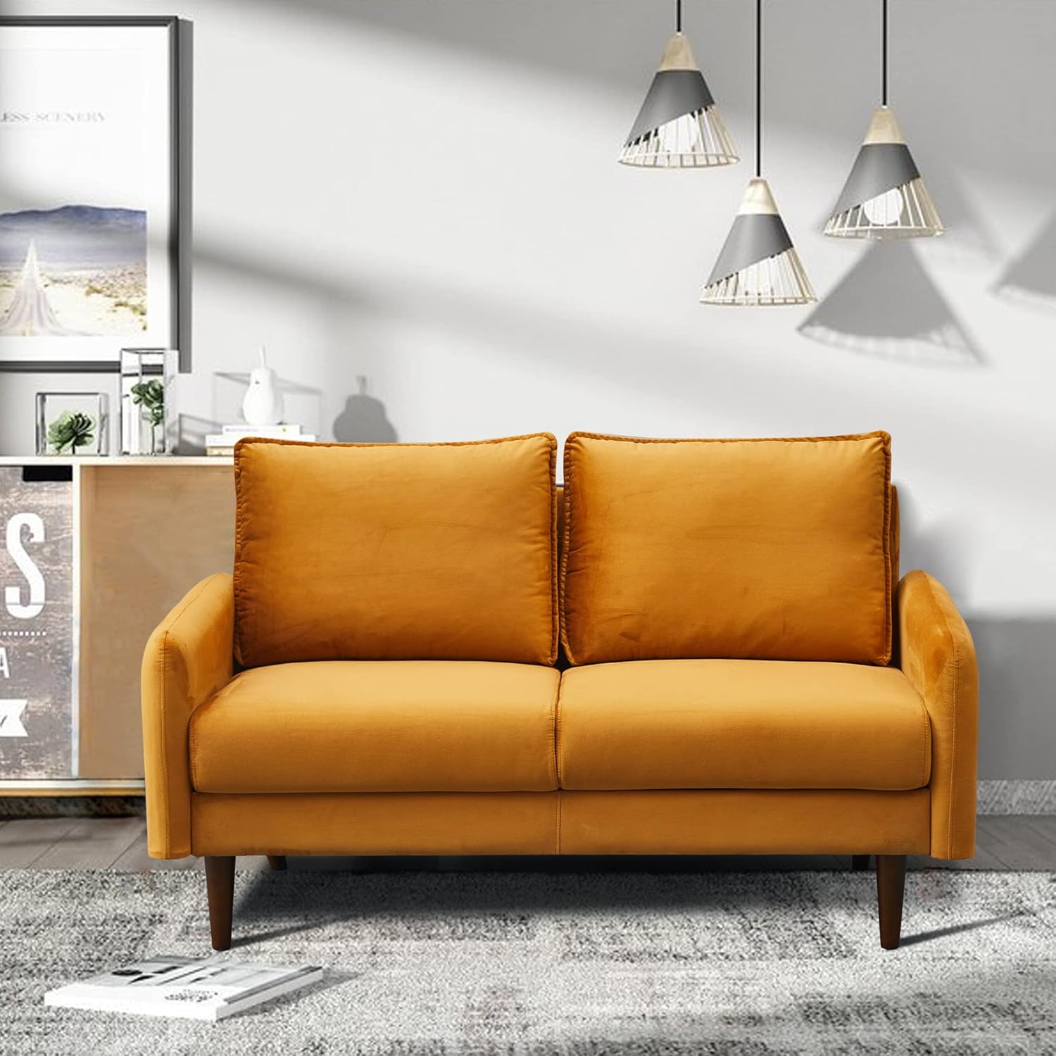Sofá moderno de terciopelo con patas de madera para sala de estar, oficina, dormitorio, color jengibre