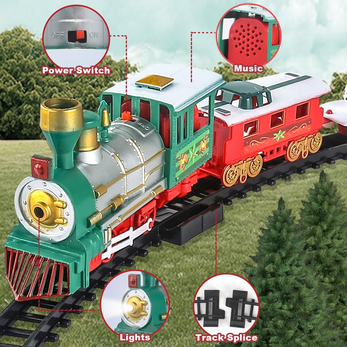 Juego de tren para niños de 2 a 4 años, 41 piezas de juguetes de tren eléctrico para árbol de Navidad, 2 métodos de montaje incluyen 4 autos y 10
