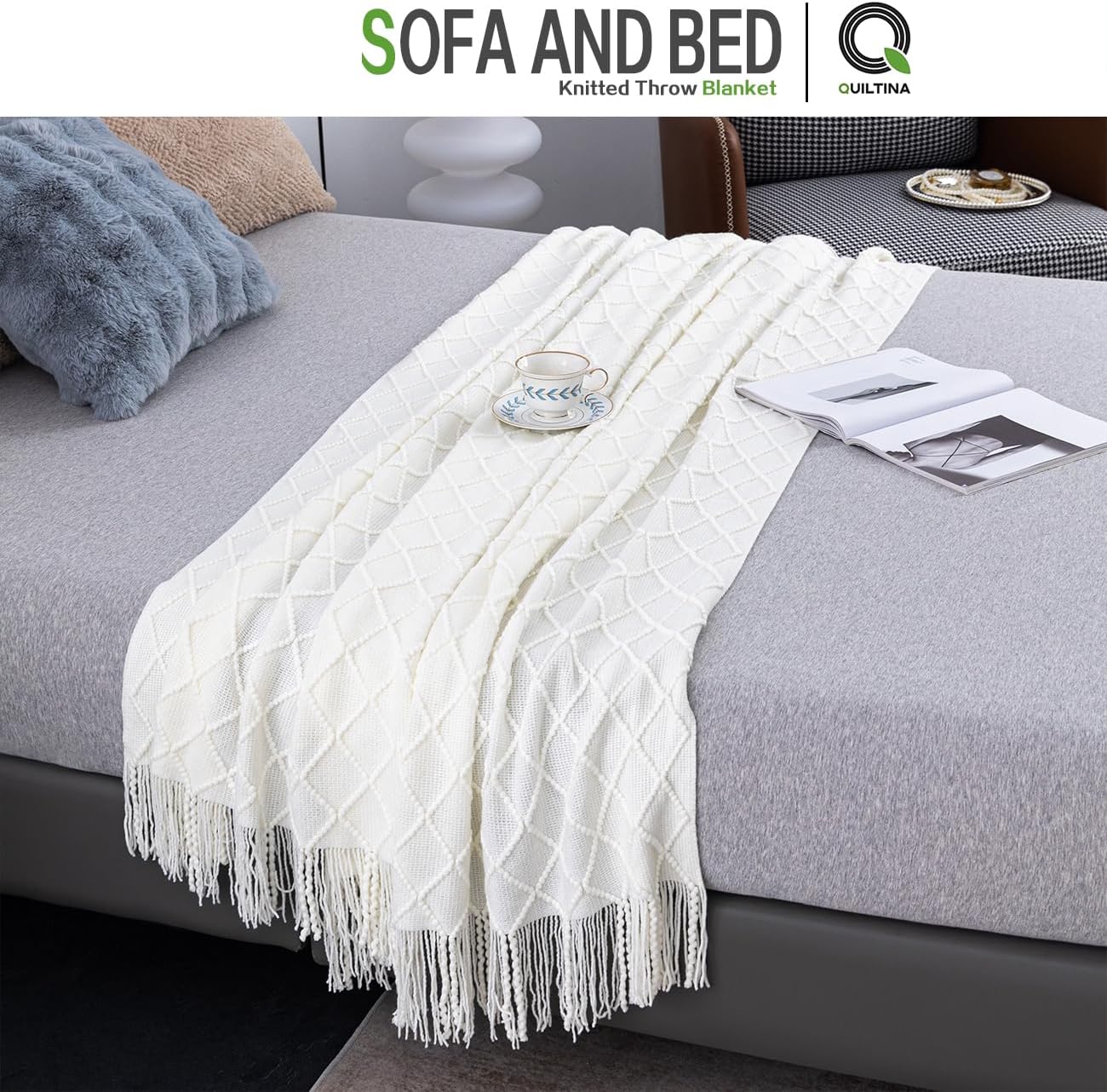 QUILTINA Manta de punto bohemia blanca con borlas, adecuada para sofá, 700GSM, gruesa, ultrasuave, para todas las estaciones, decoración y uso al