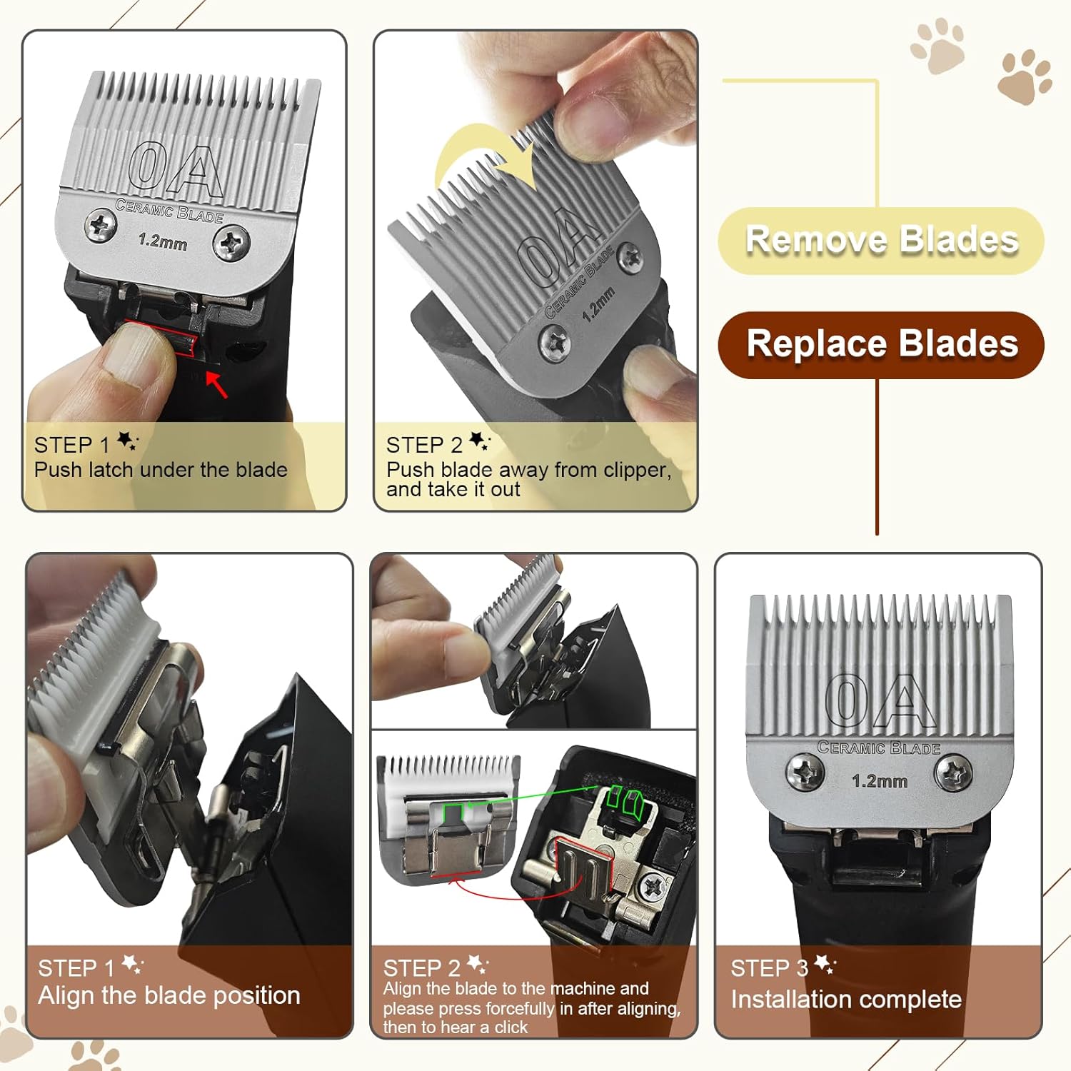 Cuchillas de cerámica de repuesto desmontables profesionales 0A & 000. Compatible con Oster Classic 76Power ProPower-TeqStar-Teq Clipper. Compatible