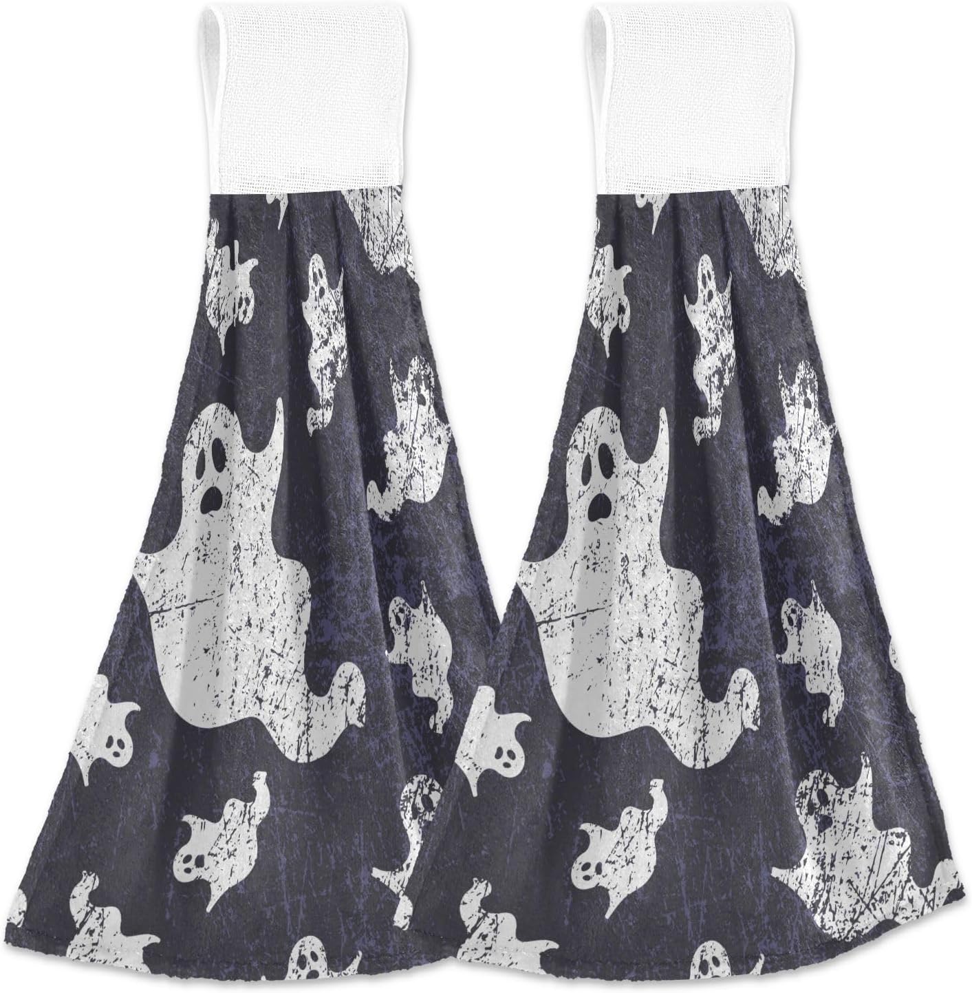 Juego de 2 toallas de cocina vintage de fantasmas de Halloween, con lazo para colgar, suave y absorbente, toalla para atar en la punta de los dedos,