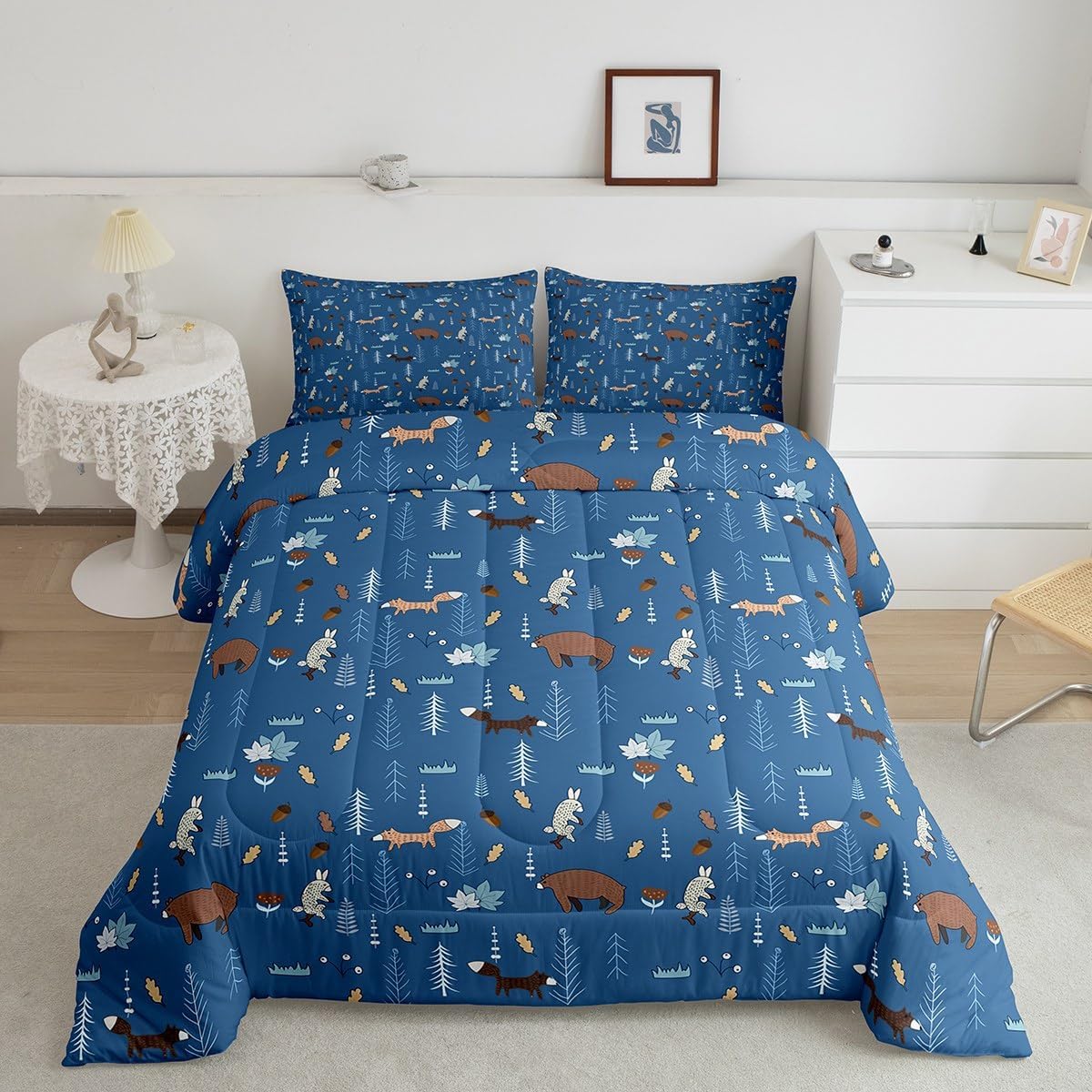 Juego de edredón de oso tamaño individual, juego de ropa de cama de animales de dibujos animados azul marino para niños, lindo juego de edredón de