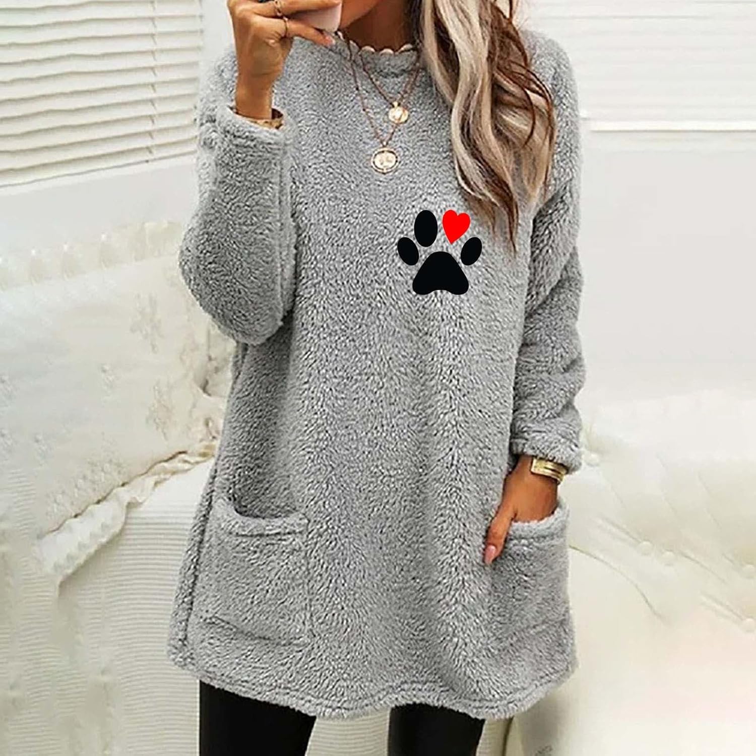 Sudadera cálida de forro polar Sherpa para mujer, acogedora, suave, con cuello redondo, mullida, con estampado de patas, de corazón, manga larga,