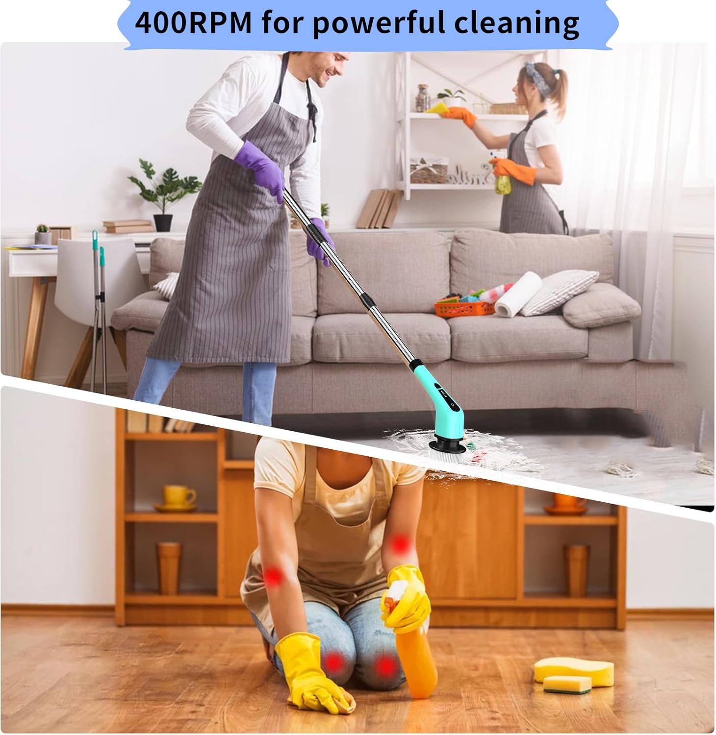 Limpiador eléctrico giratorio, limpiador de ducha IPX7 con mango largo, cepillo de limpieza inalámbrico 7 y 1 con batería de 2500 mAh, limpiador de