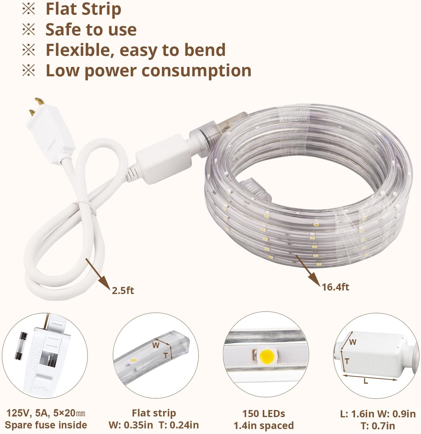Areful Tira de luces LED de 16.4 pies, tira de luz flexible plana roja, enchufable, conectable e impermeable para el hogar, Navidad, vacaciones,