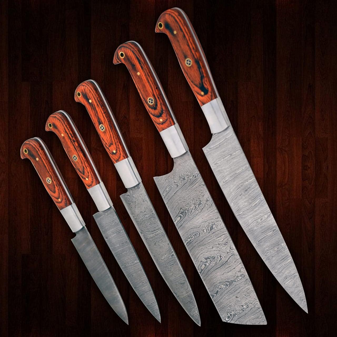 Wild Turkey Handmade Damasco – Juego de cuchillos de chef de cocina de 6 piezas, cuchillas completas de espiga marrón y azul, mango de madera de