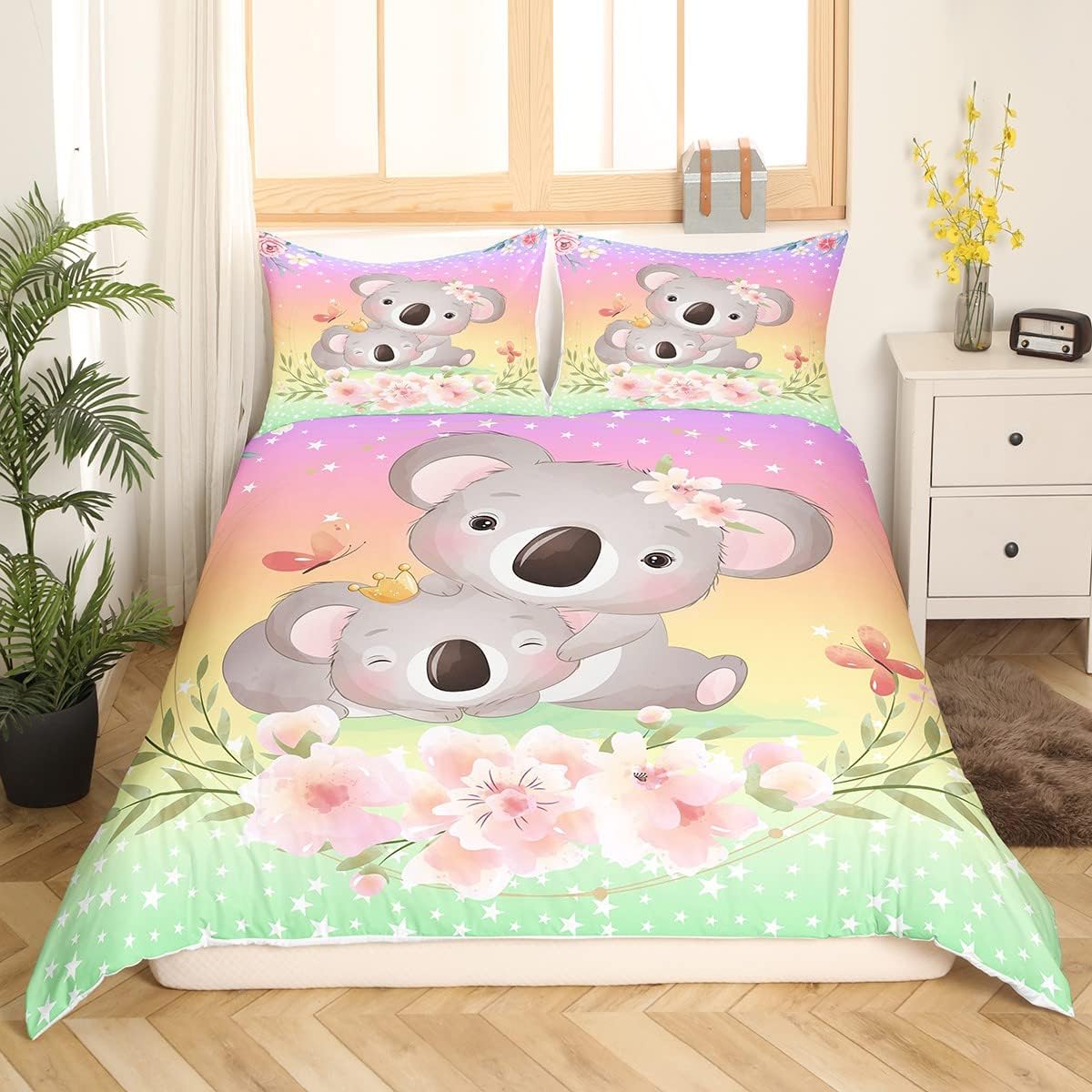 Feelyou Lindo juego de funda de edredón de koala de dibujos animados, juego de ropa de cama para niños y niñas, funda de edredón floral de flores,