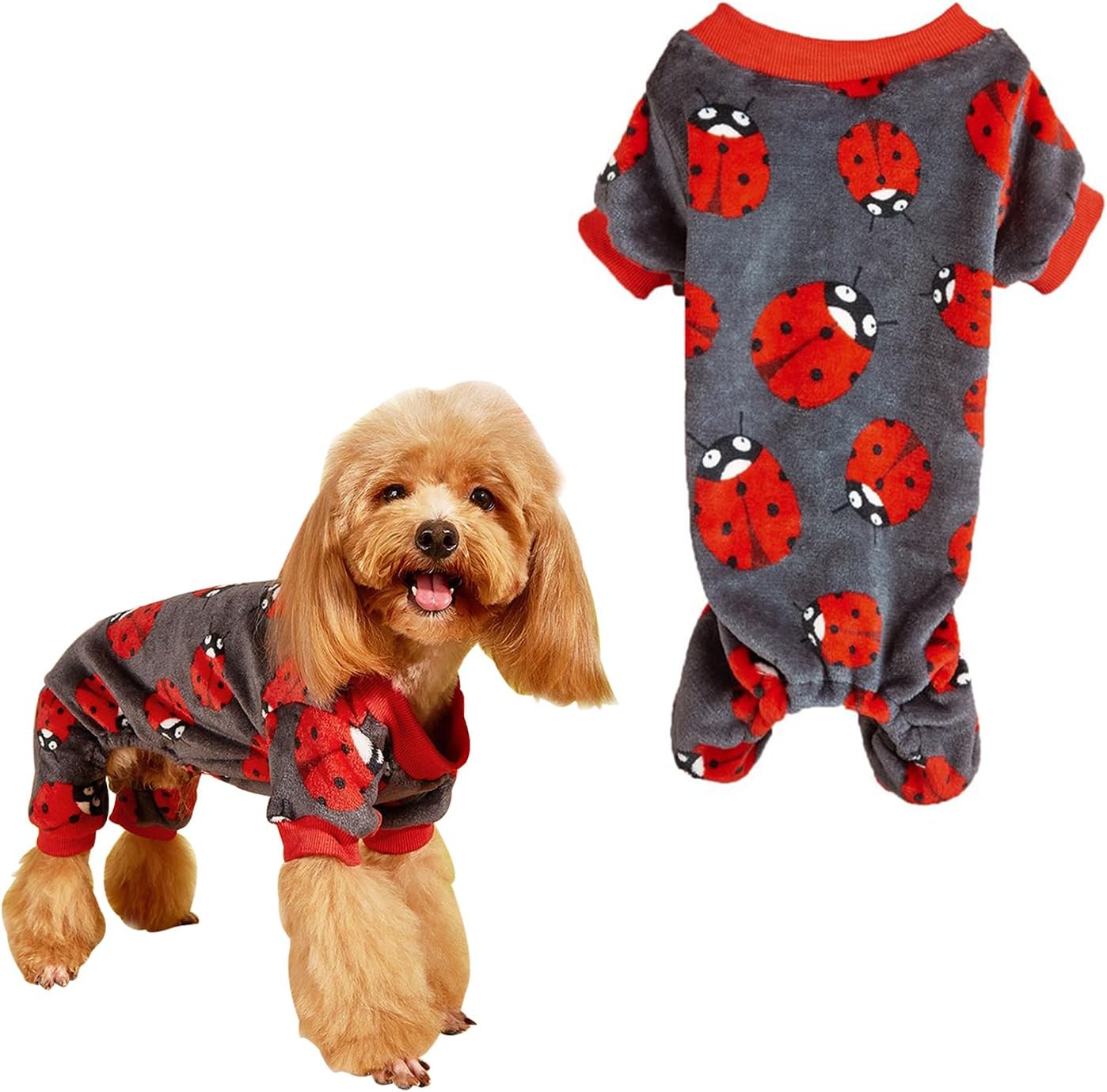 Moorfowl Pijama de forro polar para perros pequeños, overol con estampado de coccinella roja, para cachorros, para chihuahua, Yorkie, Navidad,