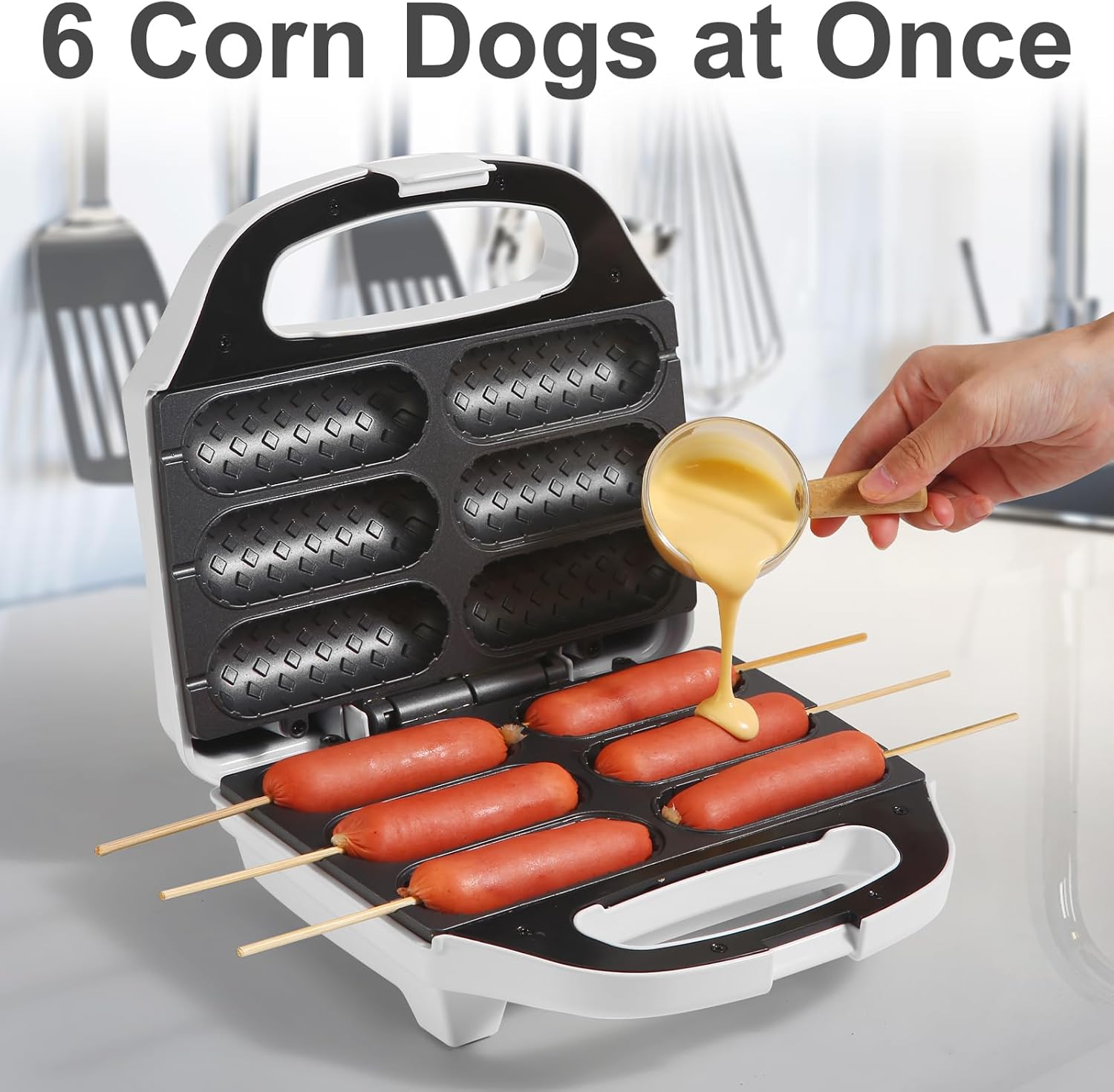 Máquina de gofres de maíz para perros calientes, con placa de revestimiento antiadherente, tostadora para perros calientes para hacer 6 perros de