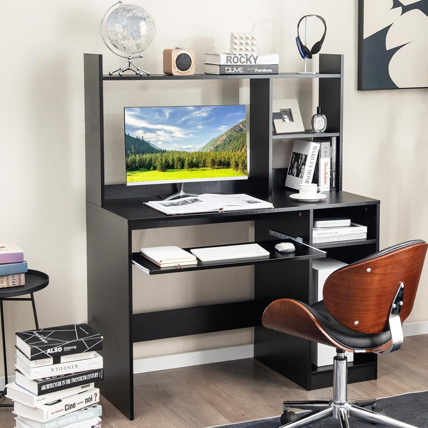 COSTWAY Escritorio negro para computadora con estante de almacenamiento, escritorio de madera con gabinete, escritorio de oficina con soporte para