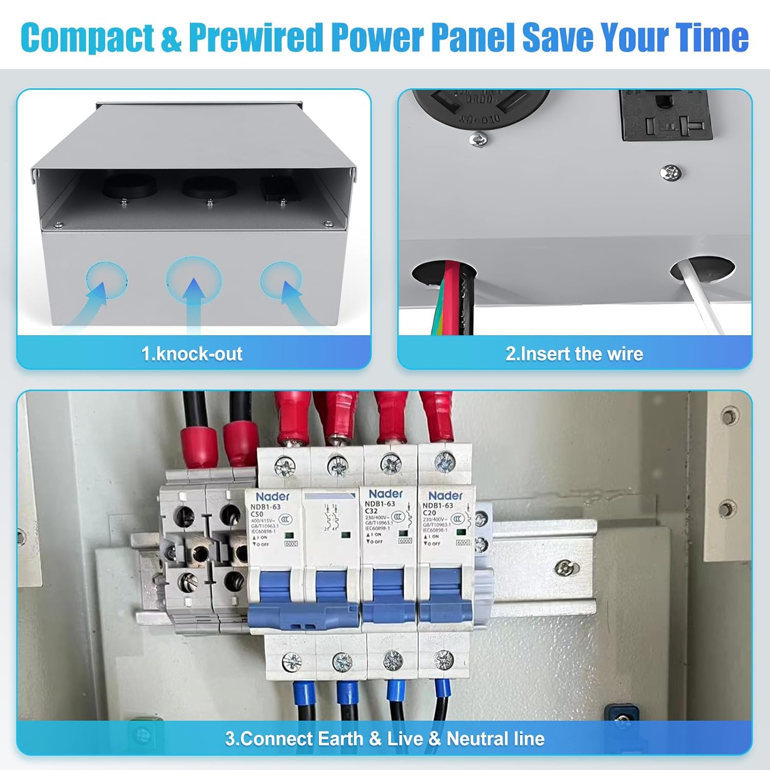 Panel de toma de corriente temporal, 20, 30, Receptáculo de caja de interruptor eléctrico con pedestal de 50 amperios RV con disyuntor, precableado
