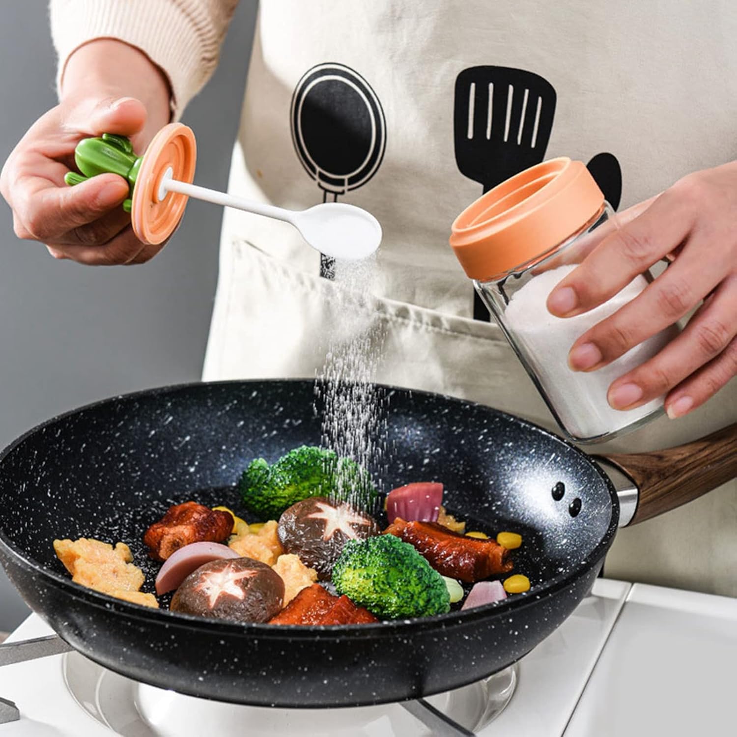 Tarros de especias con cucharas, bonitos tarros de especias de vidrio, juego de caja de condimentos de cocina, recipiente pequeño para polvo con
