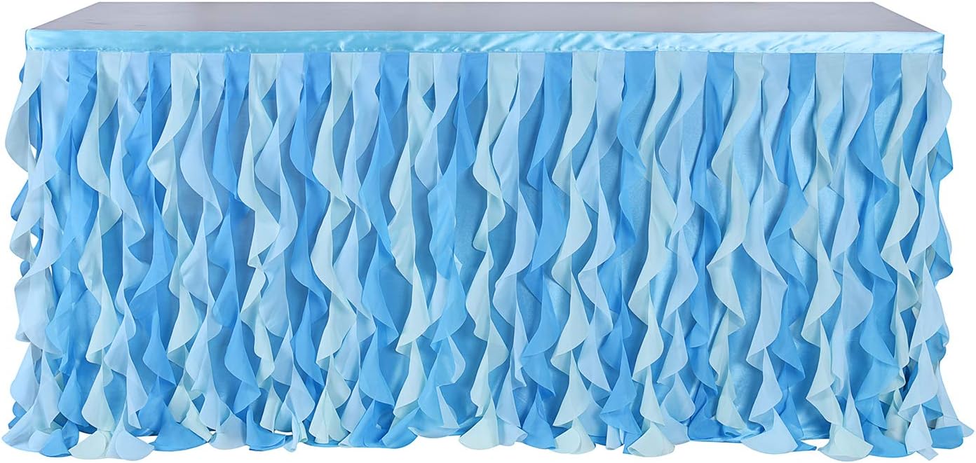 Faldas de mesa de tul con tutú rizado de sauce para mesas rectangulares, falda de mesa con volantes azules, mantel de Frozen para fiesta de