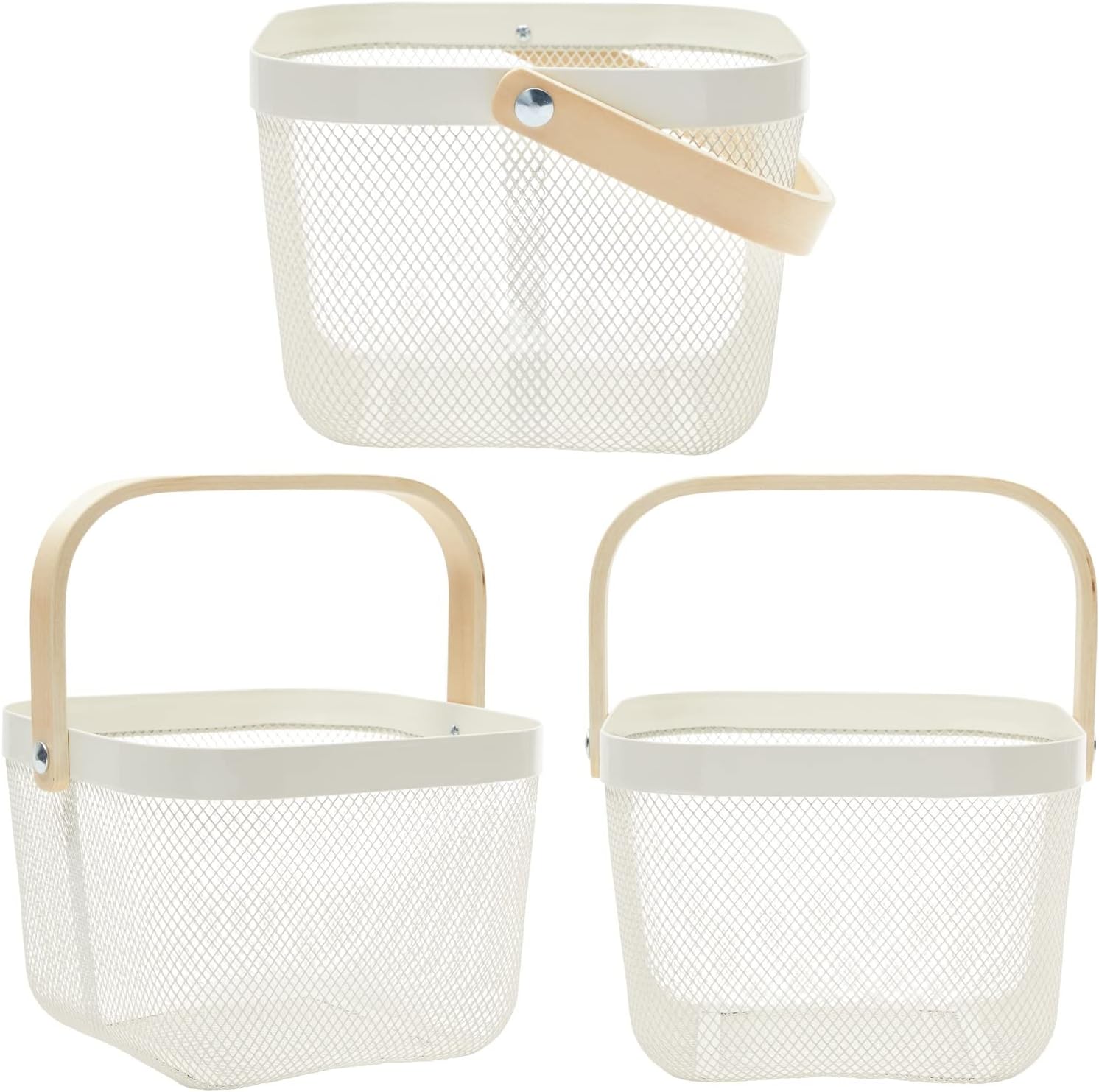 Juvale Cesta de frutas cuadrada de malla metálica con mango de madera para cocina, almacenamiento y organización de despensa (9.5 x 7 pulgadas,