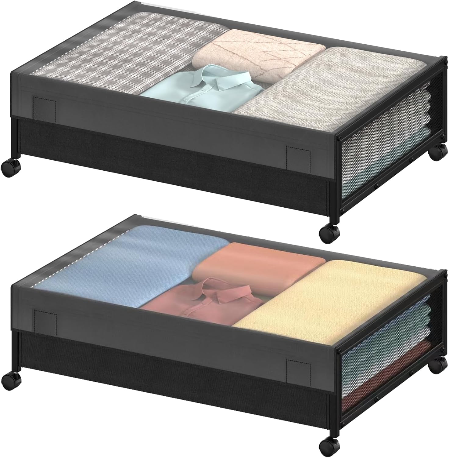 steauty Almacenamiento debajo de la cama con ruedas, contenedores de almacenamiento de metal debajo de la cama con cubierta transparente, cajas de
