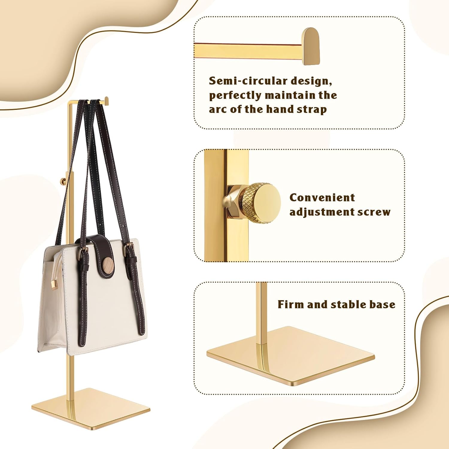 Juego de 8 soportes de exhibición dorados de acero inoxidable de altura ajustable para bolsas, estante de exhibición de bolsos de metal, para el