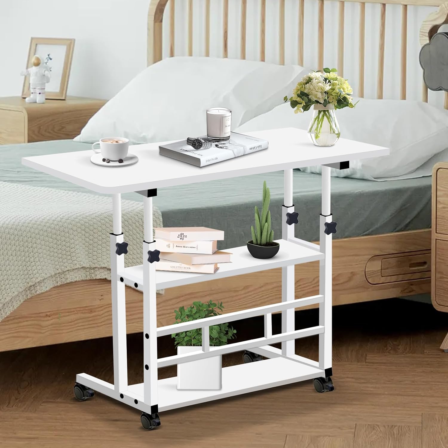 Escritorio de pie móvil, escritorio para laptop, altura ajustable, mesa con ruedas, estaciones de trabajo de computadora de almacenamiento de doble