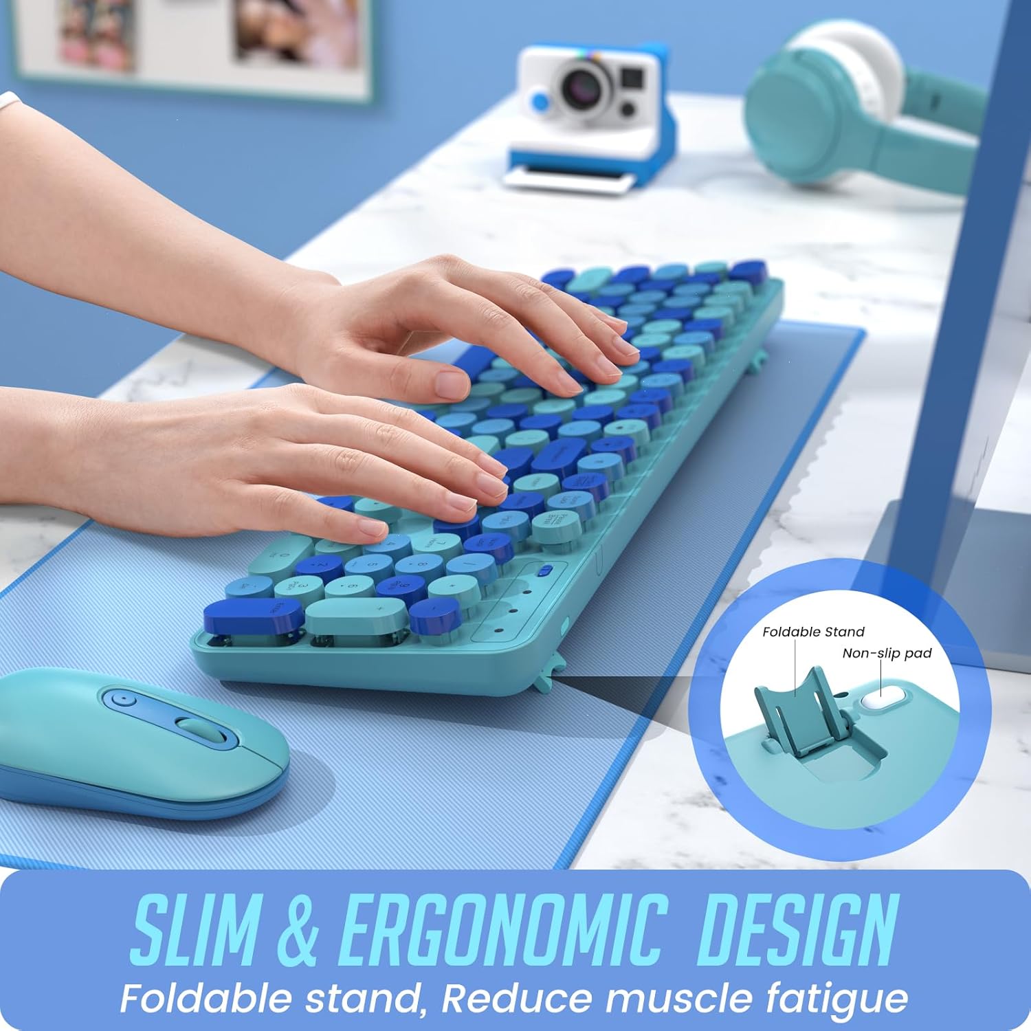 LIZRROT – Teclado y mouse inalámbricos, teclado y mouse combinados, teclado colorido de tamaño completo con teclas redondas, bonito mouse de 2.4 G