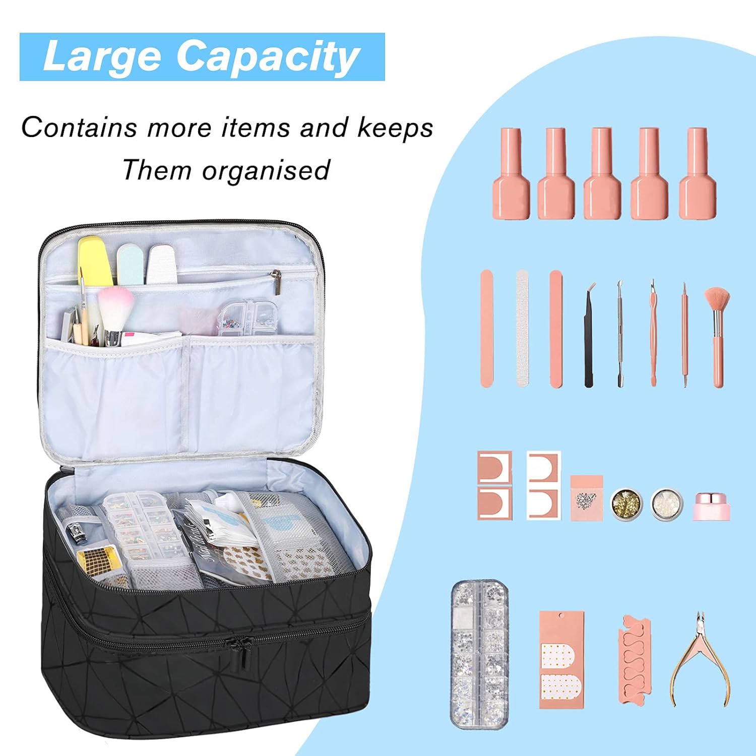 Organizador de esmalte de uñas, estuche de transporte de viaje, personalizado para juego de manicura, bolsa de transporte de doble capa (negro,