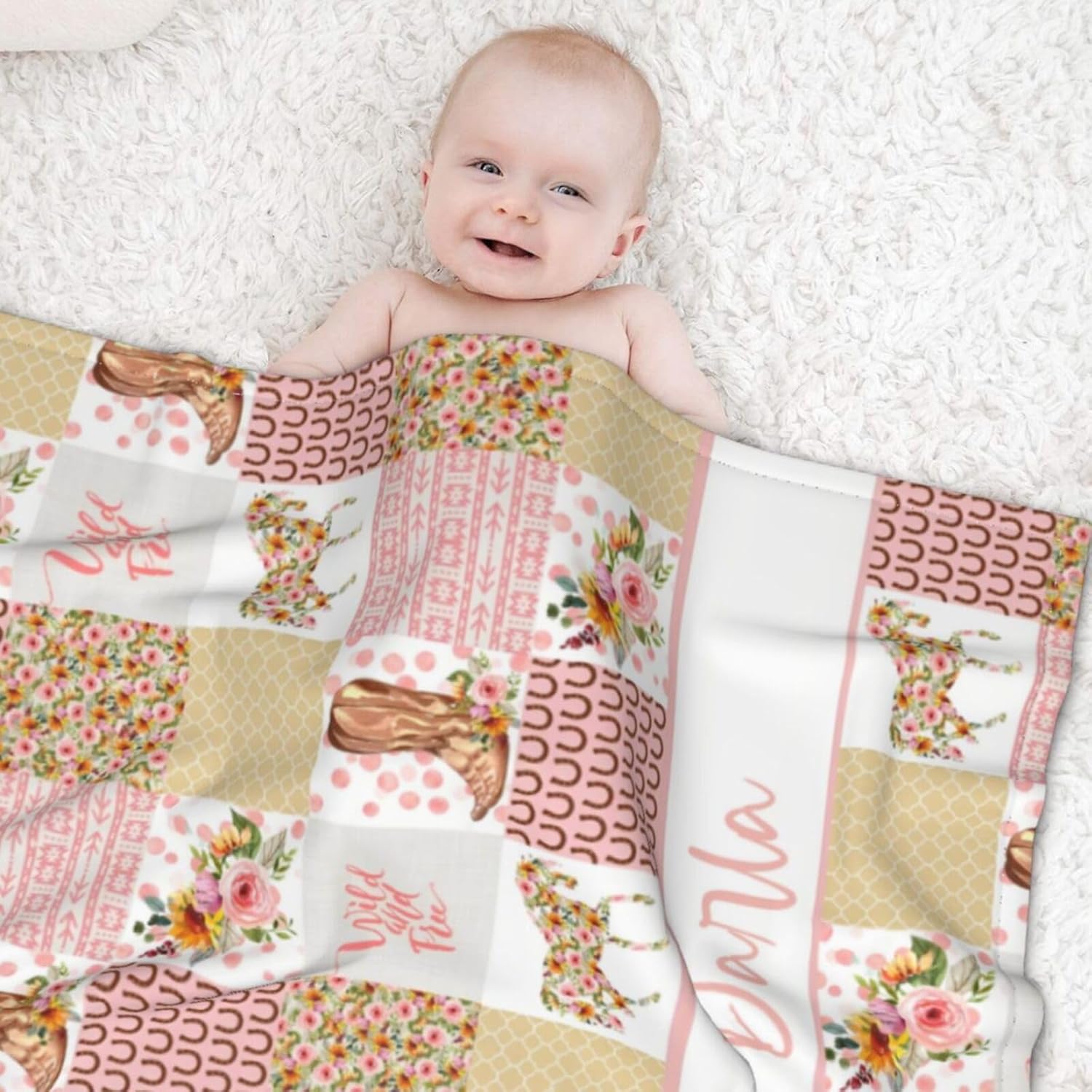 Manta de bebé personalizada para niñas, manta de bebé personalizada con nombre, manta suave personalizada con nombre, manta de caballo floral