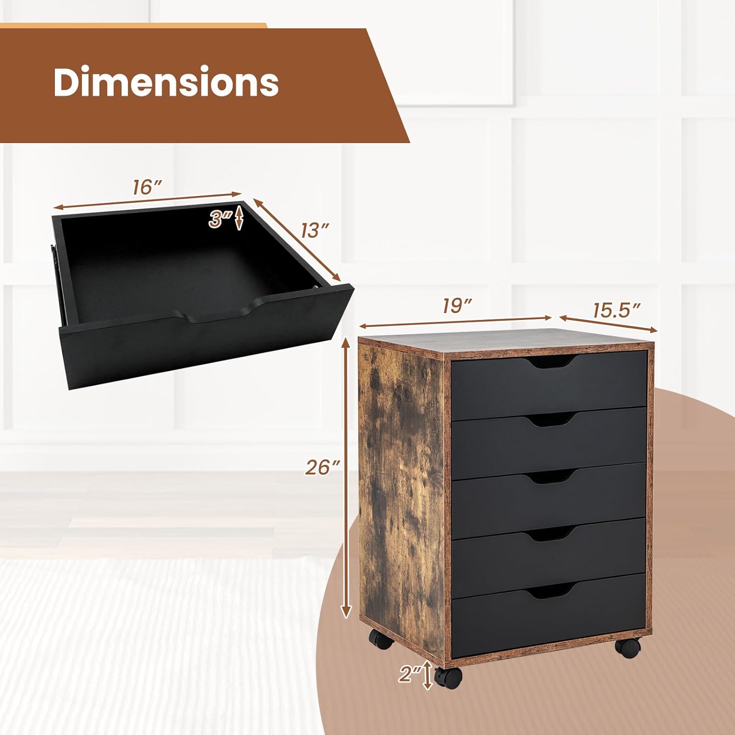 Giantex Cómoda de 5 cajones para almacenamiento de dormitorio, cajón de almacenamiento con ruedas con cerradura, cómoda de maquillaje, organizador