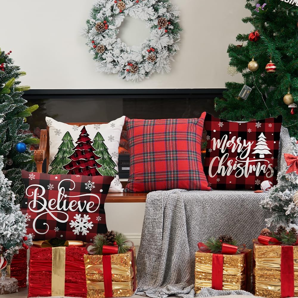 DFXSZ Juego de 4 fundas de almohada de Navidad de 18 x 18 pulgadas, diseño de árbol de Navidad, camión a cuadros negros y rojos, decoración de