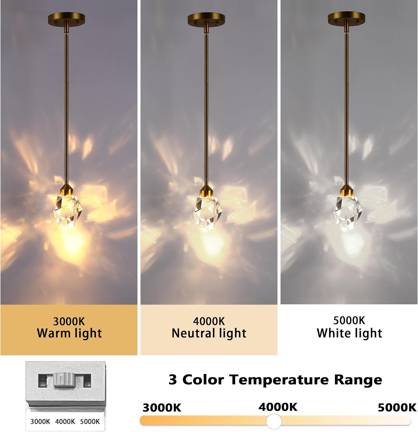 Untrammelife Lámpara colgante de cristal dorado, pequeña lámpara colgante colgante de 8 W, luz LED de 3 colores, temperatura ajustable, 3000 K-5000