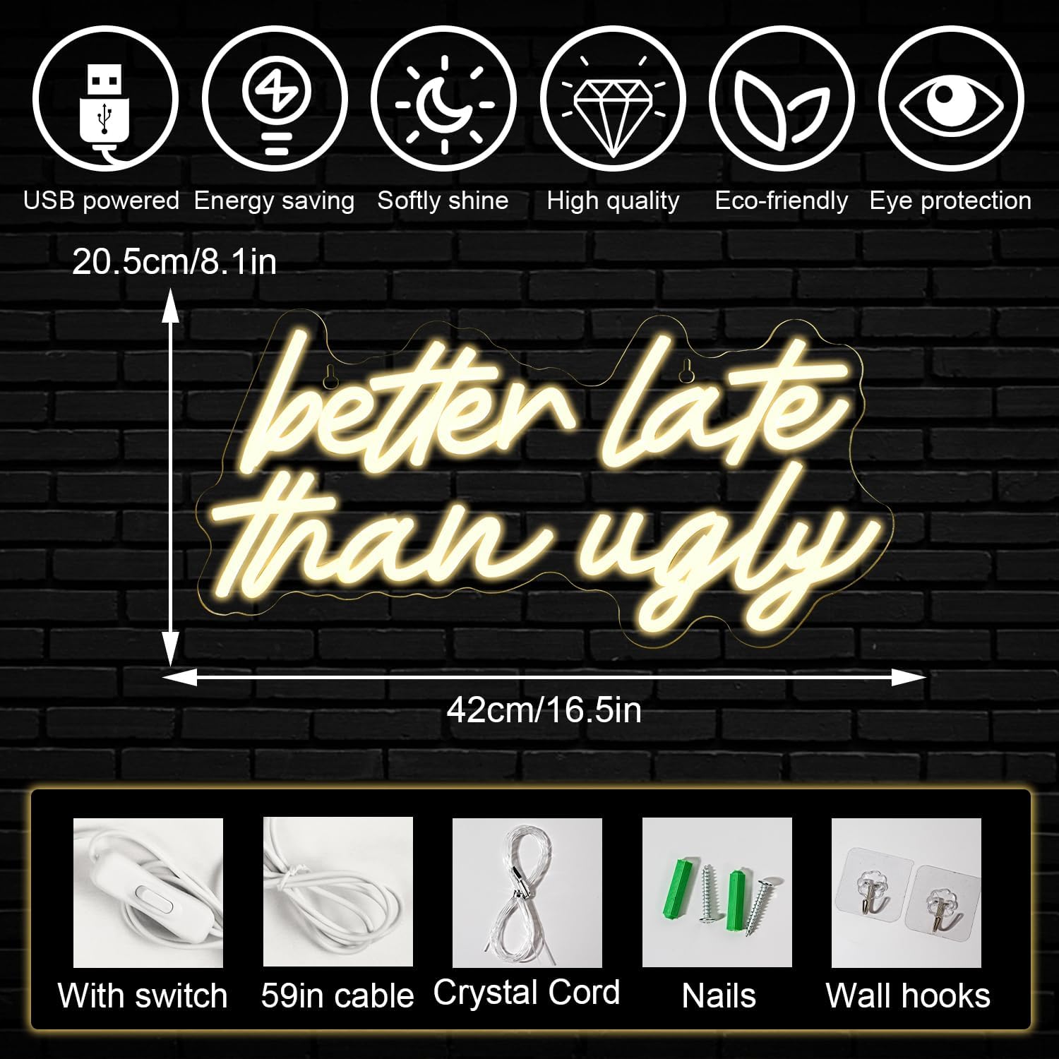 Letrero LED de neón con texto en inglés Better Late Than Fe, letras de neón para decoración de pared, letrero de luz de neón blanco cálido con