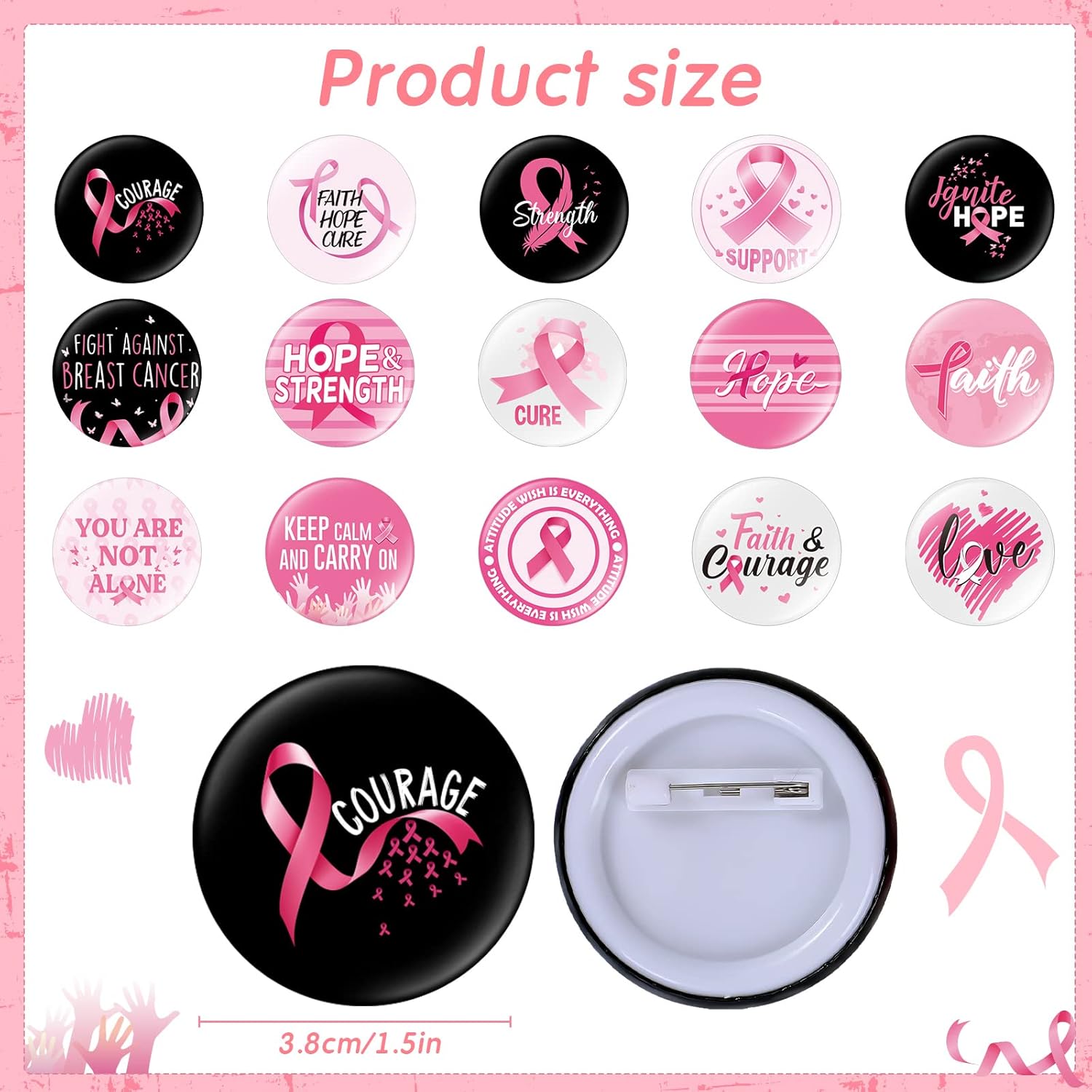 60 accesorios de concientización sobre el cáncer de mama, incluyen 30 pulseras de silicona de cinta rosa y negra, pulsera de goma y 30 insignias de