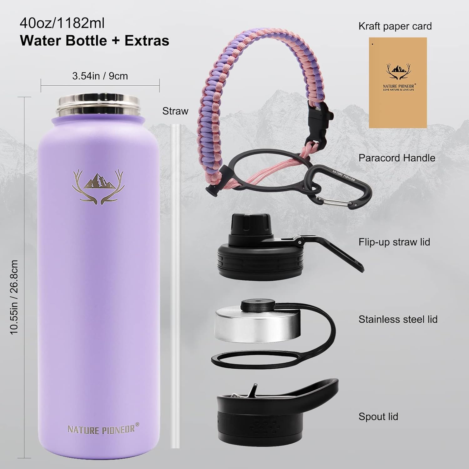NATURE PIONEOR Botellas de agua aisladas con mango de paracaídas, 24324064 onzas, botella de agua deportiva de boca ancha con 3 tapas, de acero