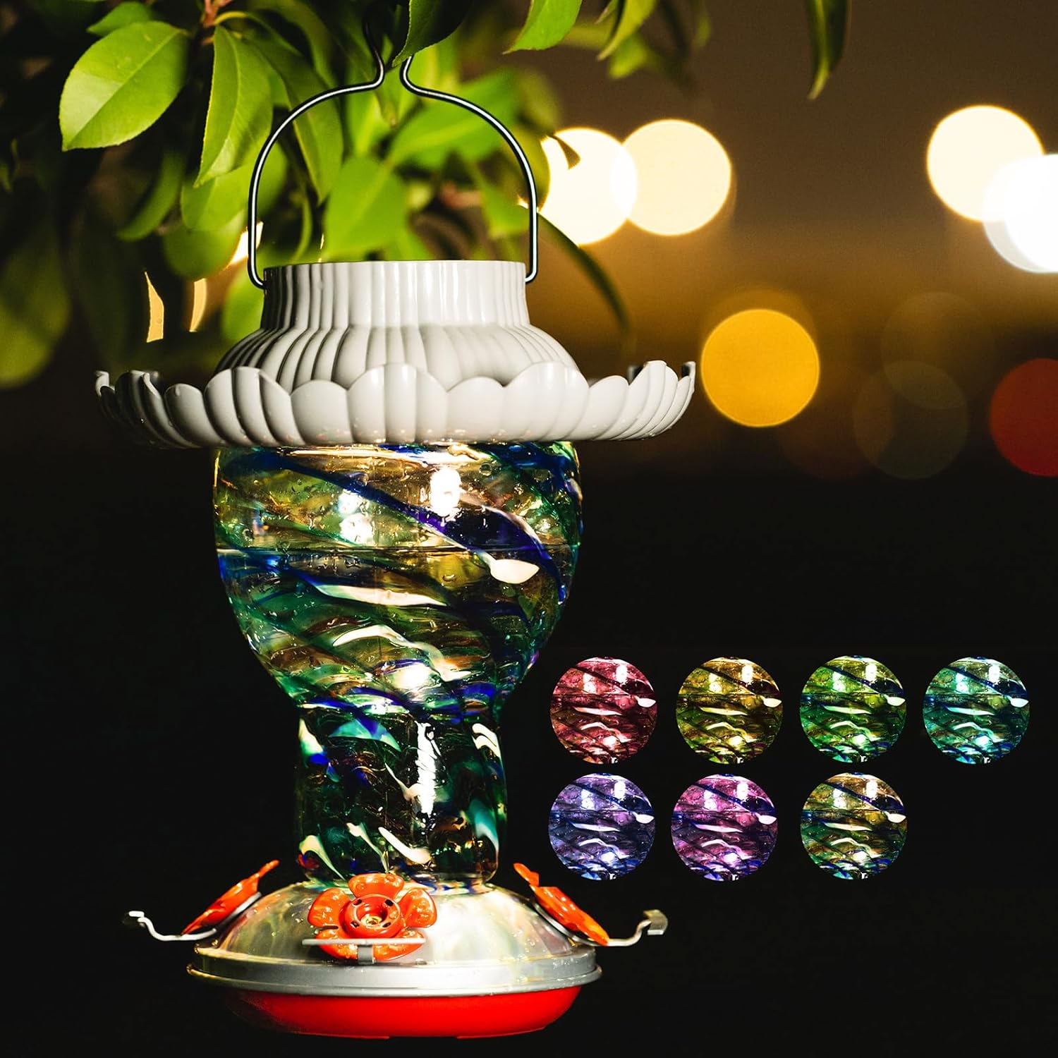 Comedero solar para colibríes para exteriores, colgante a prueba de hormigas y abejas, 25 onzas, luz que cambia de color, vidrio soplado a mano,