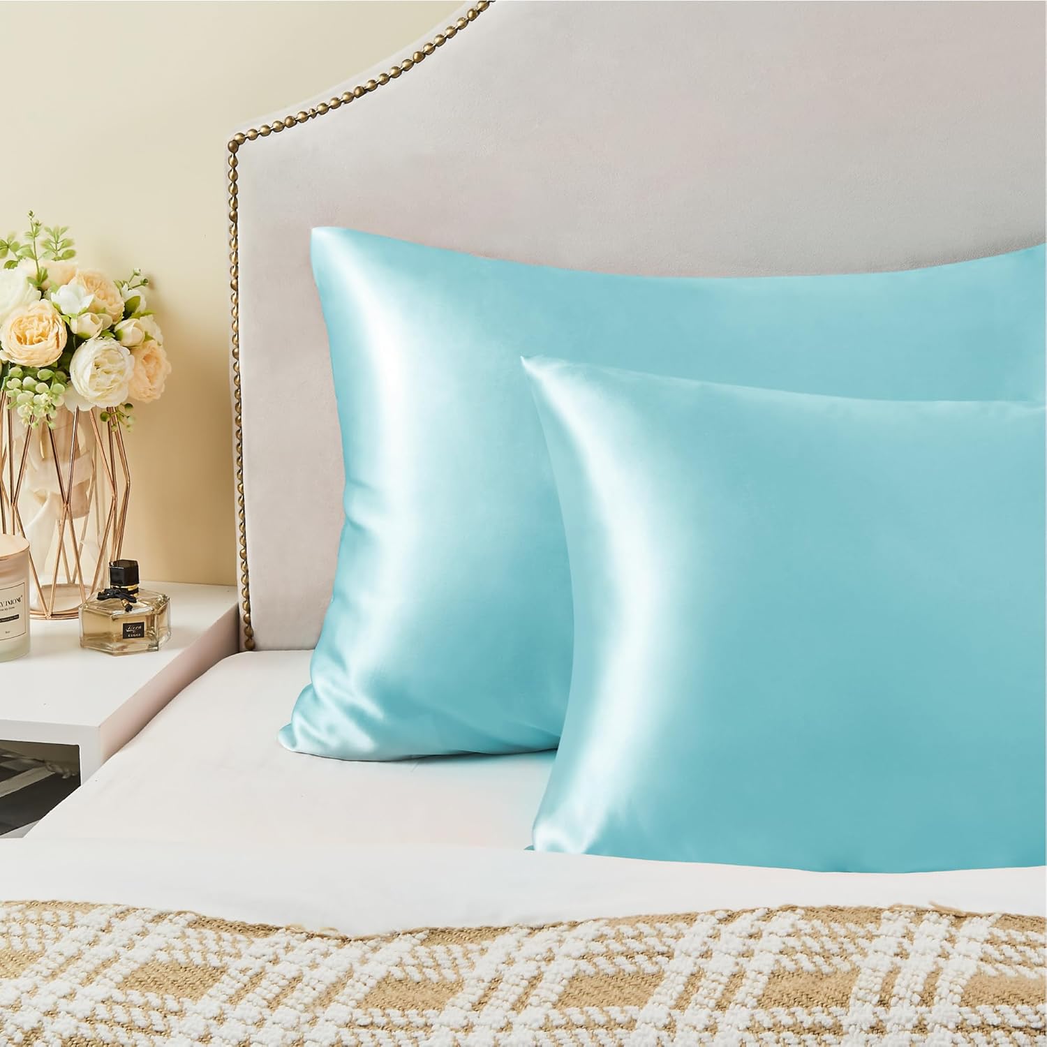 BEDELITE – Juego de 2 fundas de almohada de satén de tamaño Queen, ideales para el cabello y la piel, supersuaves y sedosas, color azul, con cierre