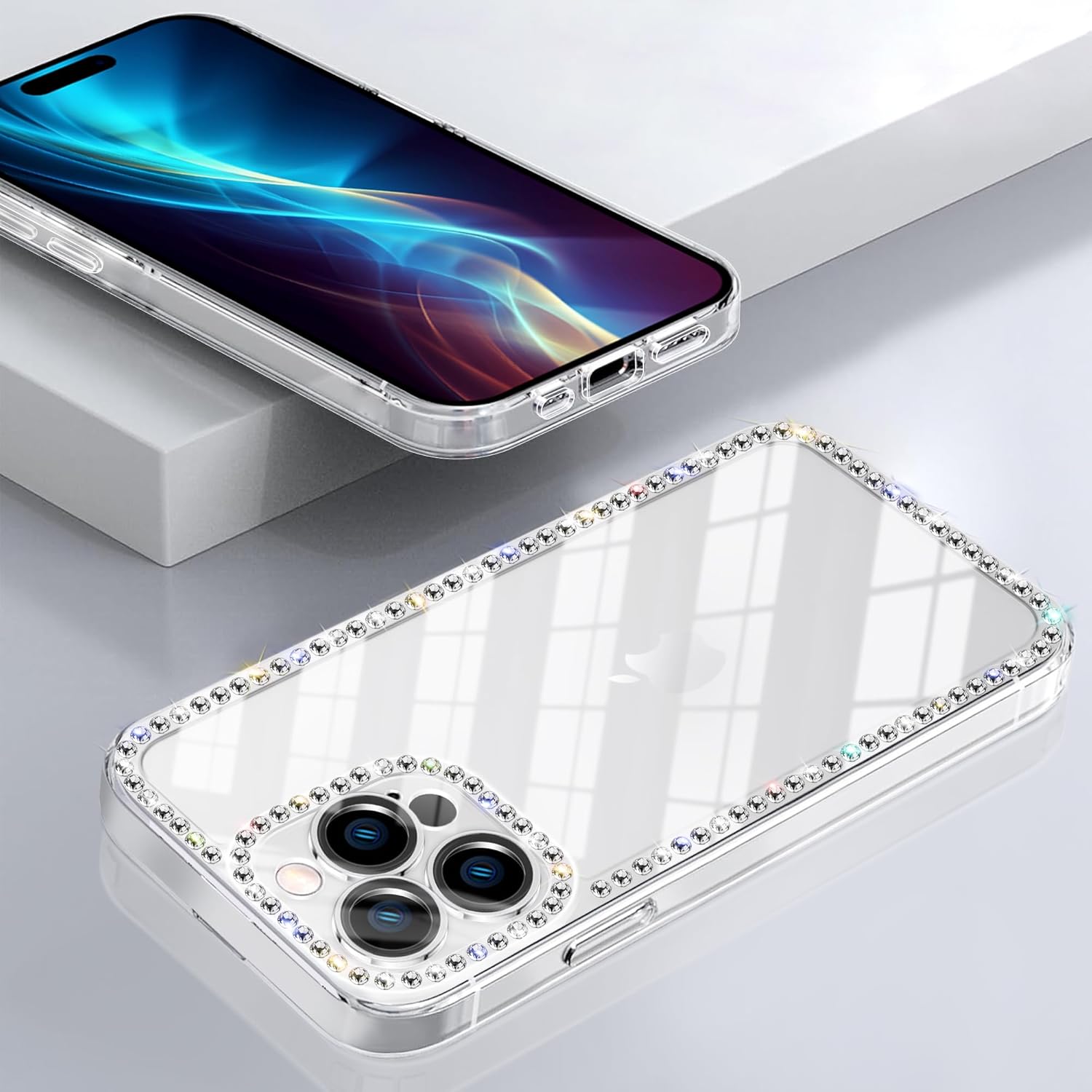 Funda compatible con iPhone 15 Pro Max transparente con diamantes de imitación para niñas y mujeres, funda femenina con purpurina brillante, diseño