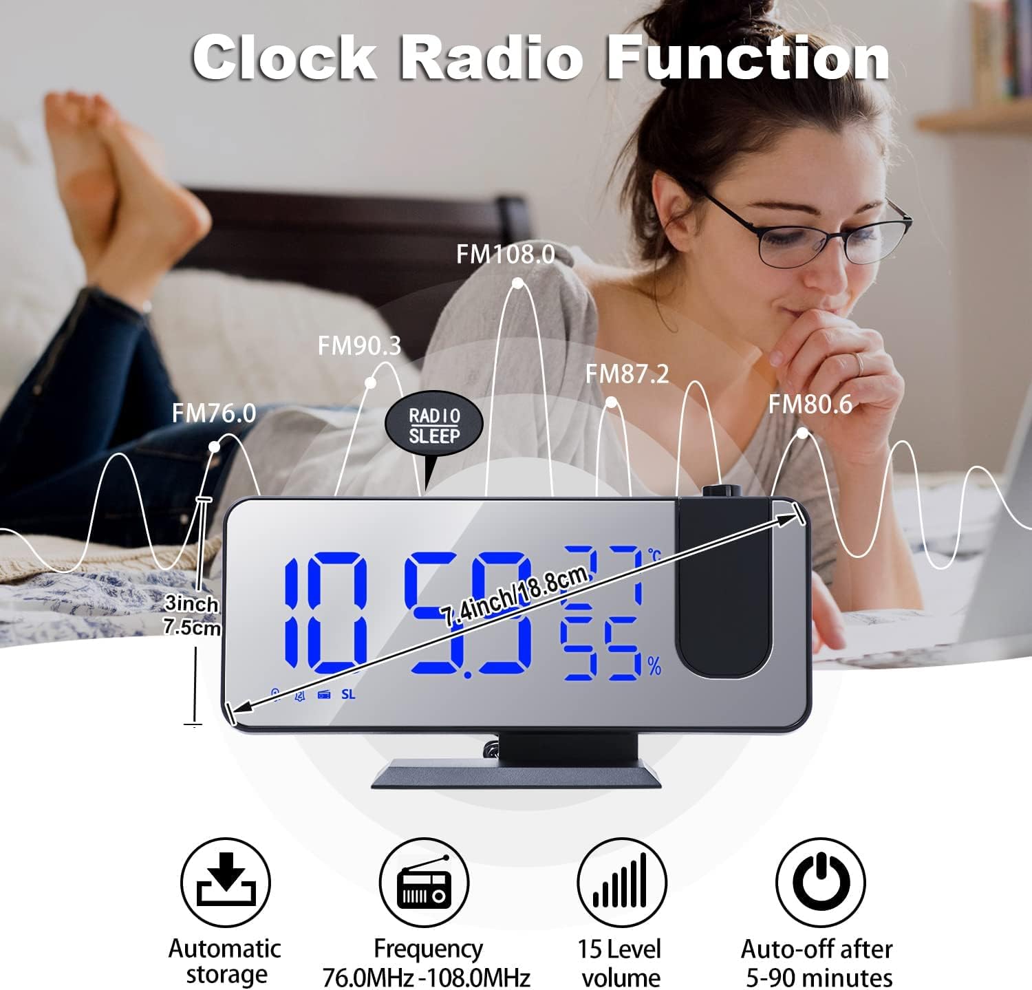 Reloj despertador digital de proyección para dormitorios, radio reloj despertador en techo, puerto de carga USB, pantalla de temperatura y humedad,