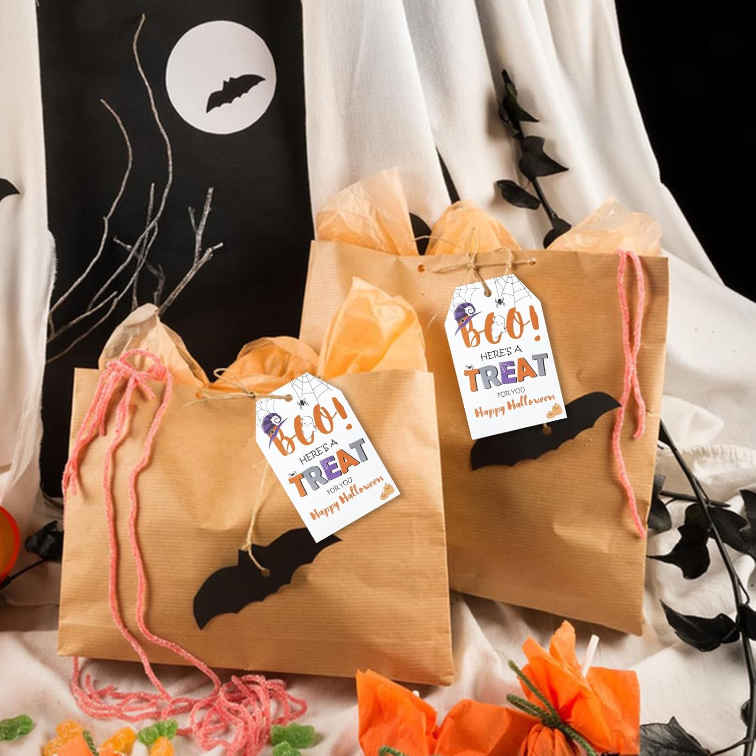 Anwyll Etiquetas de feliz Halloween, etiquetas de regalo de papel de Halloween, 100 etiquetas de Halloween con cuerda, etiquetas de regalo colgantes