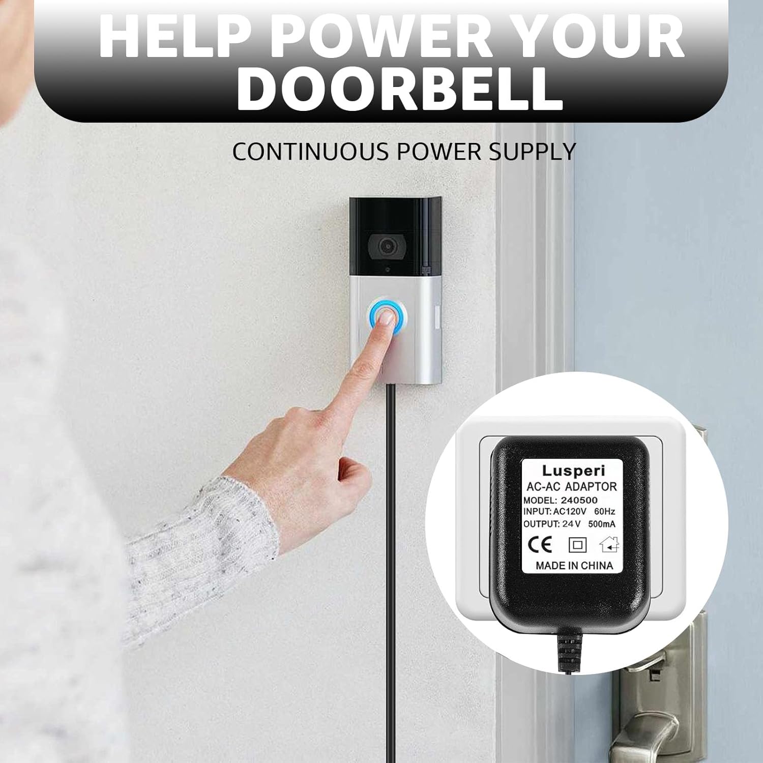 Transformador de timbre, adaptador de corriente para timbre de puerta de 24 V 500 MA, compatible con Ring, Wyze, Nest, Eufy, Arlo timbre de video