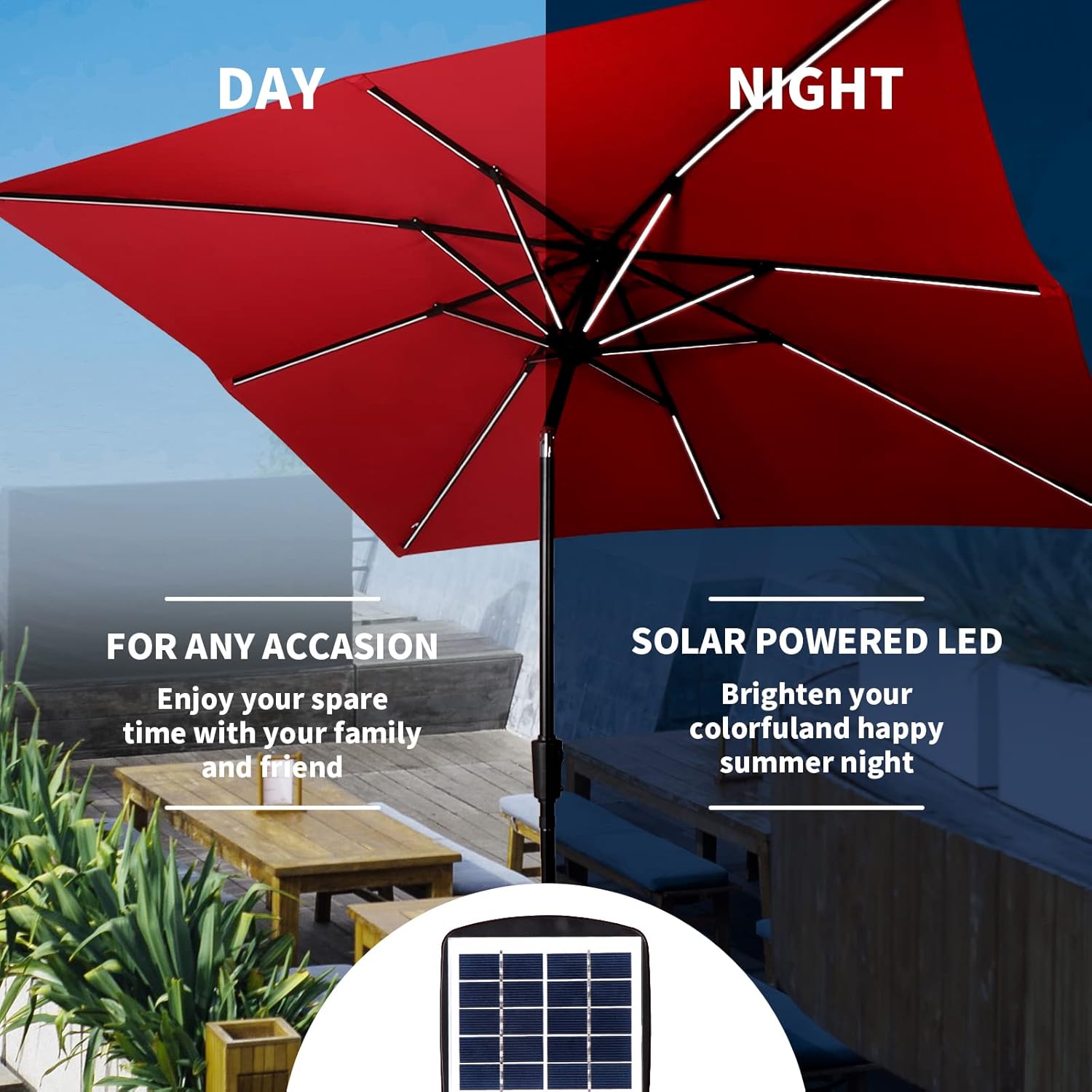 Sombrilla de playa LED roja de 9 pies con 16 barras LED de energía solar, operación de fácil inclinación, marco de aluminio, tela impermeable,