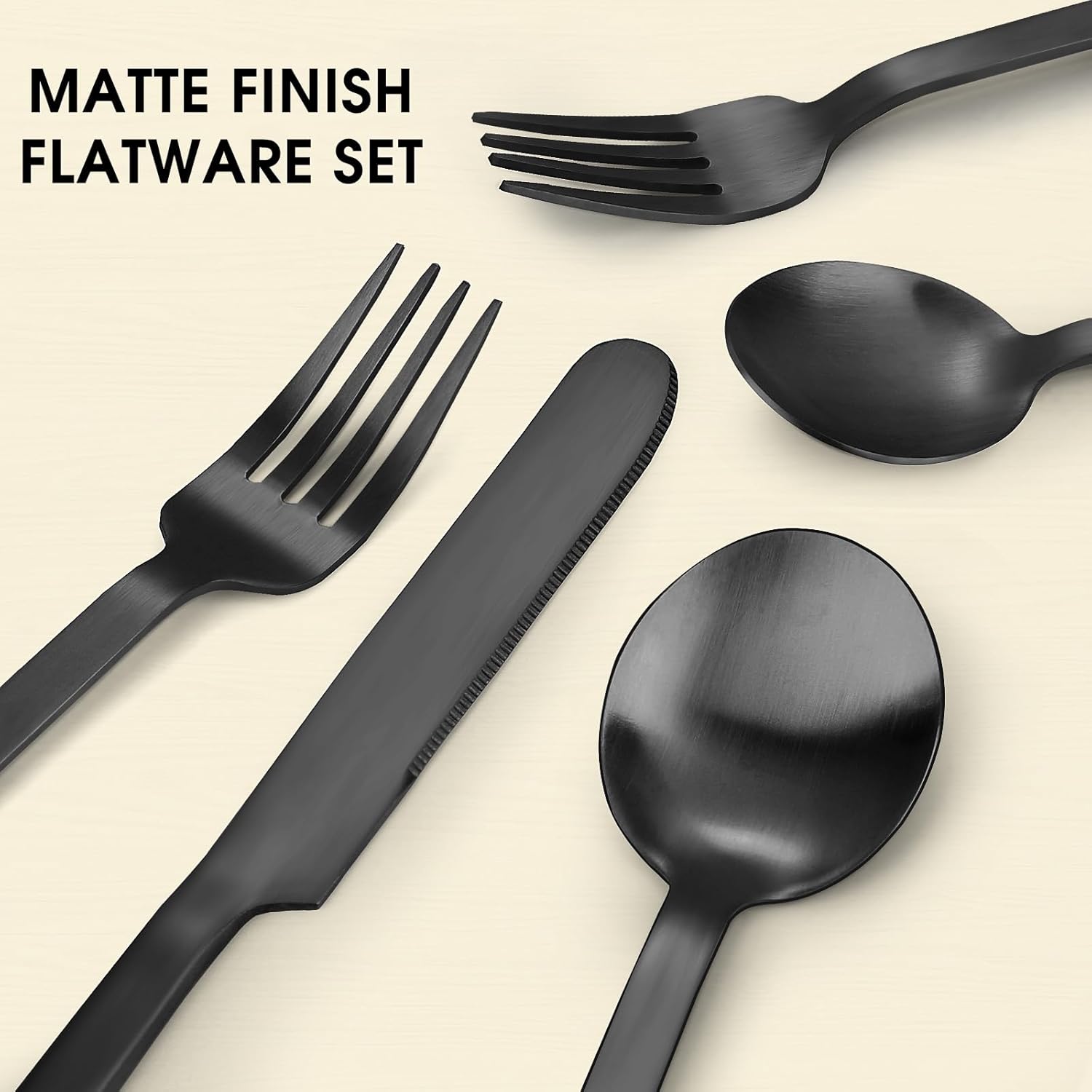 Juego de cubiertos negros de 40 piezas para 8 personas, juego de utensilios de cocina de acero inoxidable, cucharas y tenedores, acabado mate, apto