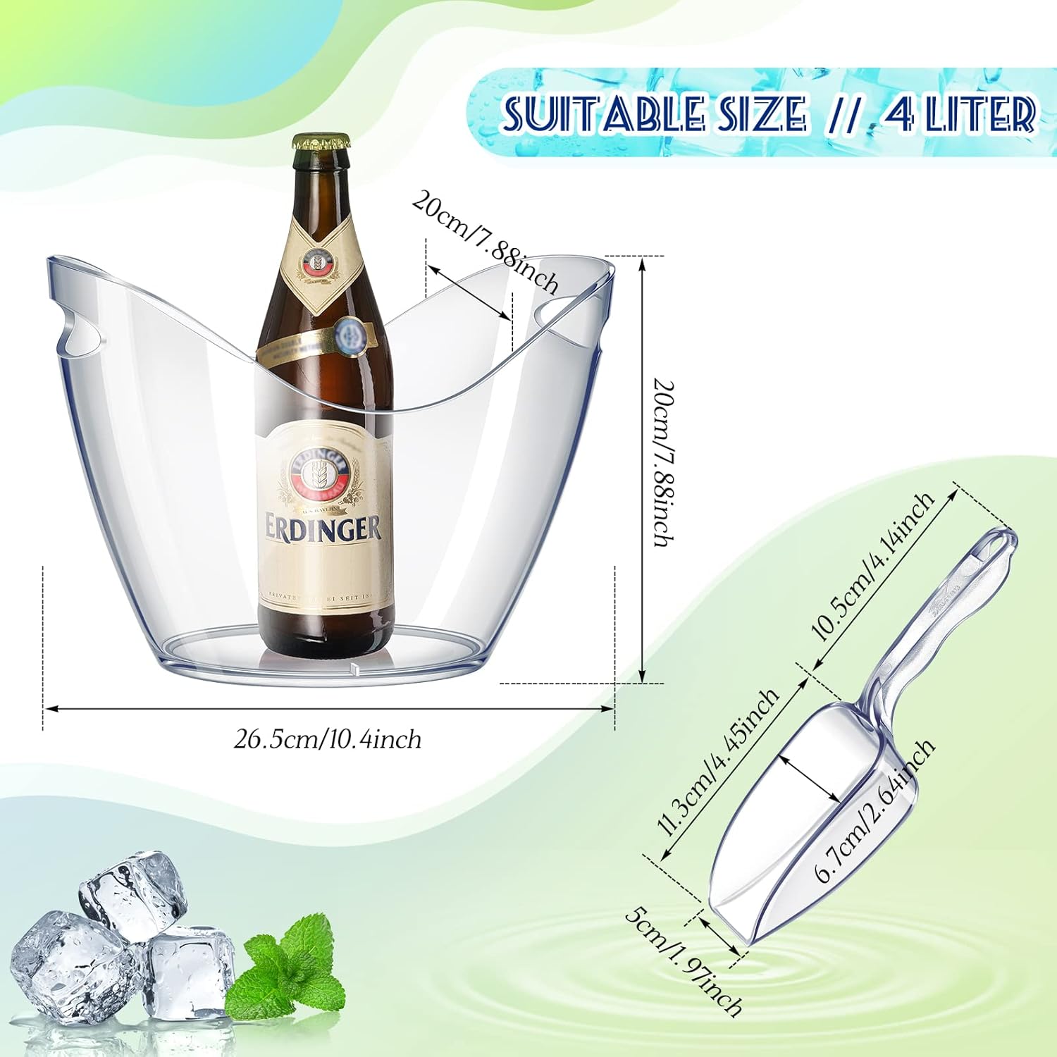 Cubeta de hielo de plástico transparente con cucharas de hielo, tina de hielo de acrílico transparente, cubo de plástico para vino, cubeta de vino
