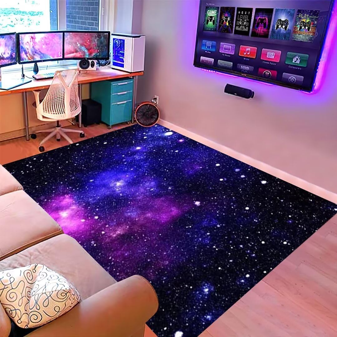 Alfombra grande de galaxia azul y morado con cielo estrellado para dormitorio, sala de estar, comedor, universo, espacio, tapete de juego,