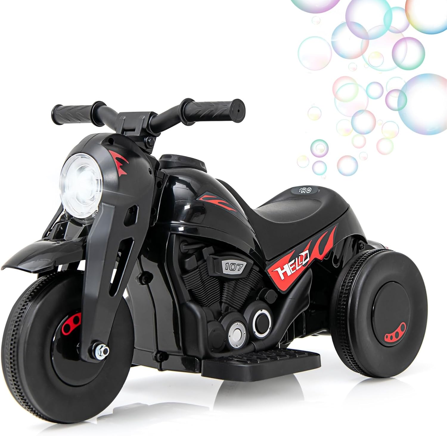 OLAKIDS Motocicleta para niños, automóvil eléctrico de 6 V con función automática de burbujas, pedal de pie, faro, música, 3 ruedas antideslizantes