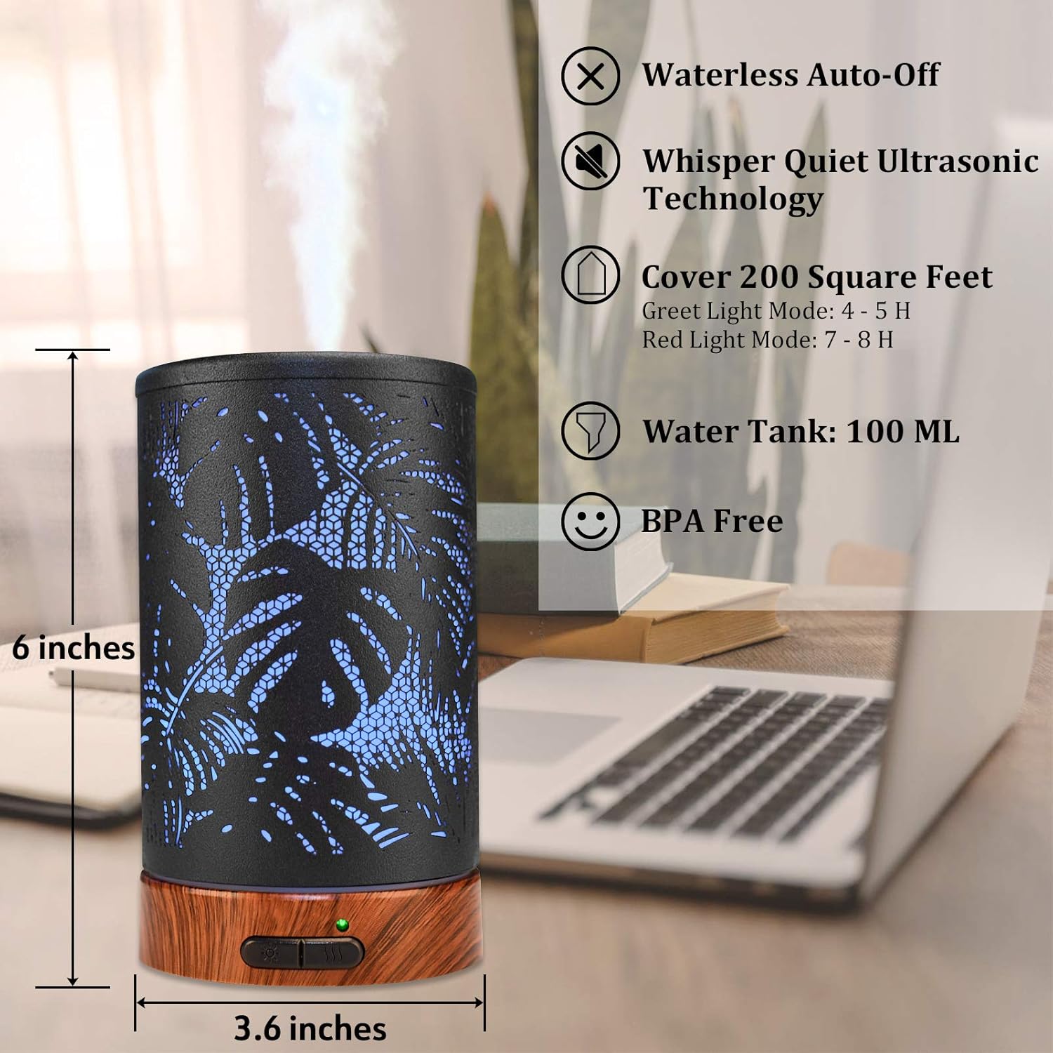 Casido Difusor de aceite esencial de metal para aromaterapia, 3.4 fl oz, difusor ultrasónico de niebla fría con protección de apagado automático sin