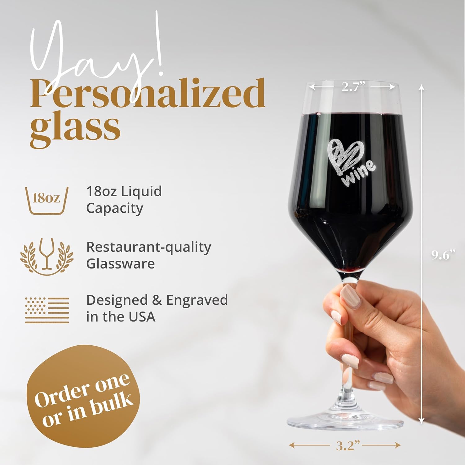 Copa de vino de cristal personalizada de 18 onzas con tu diseño de logotipo personalizado o texto personalizado, grabado láser permanente, recuerdos