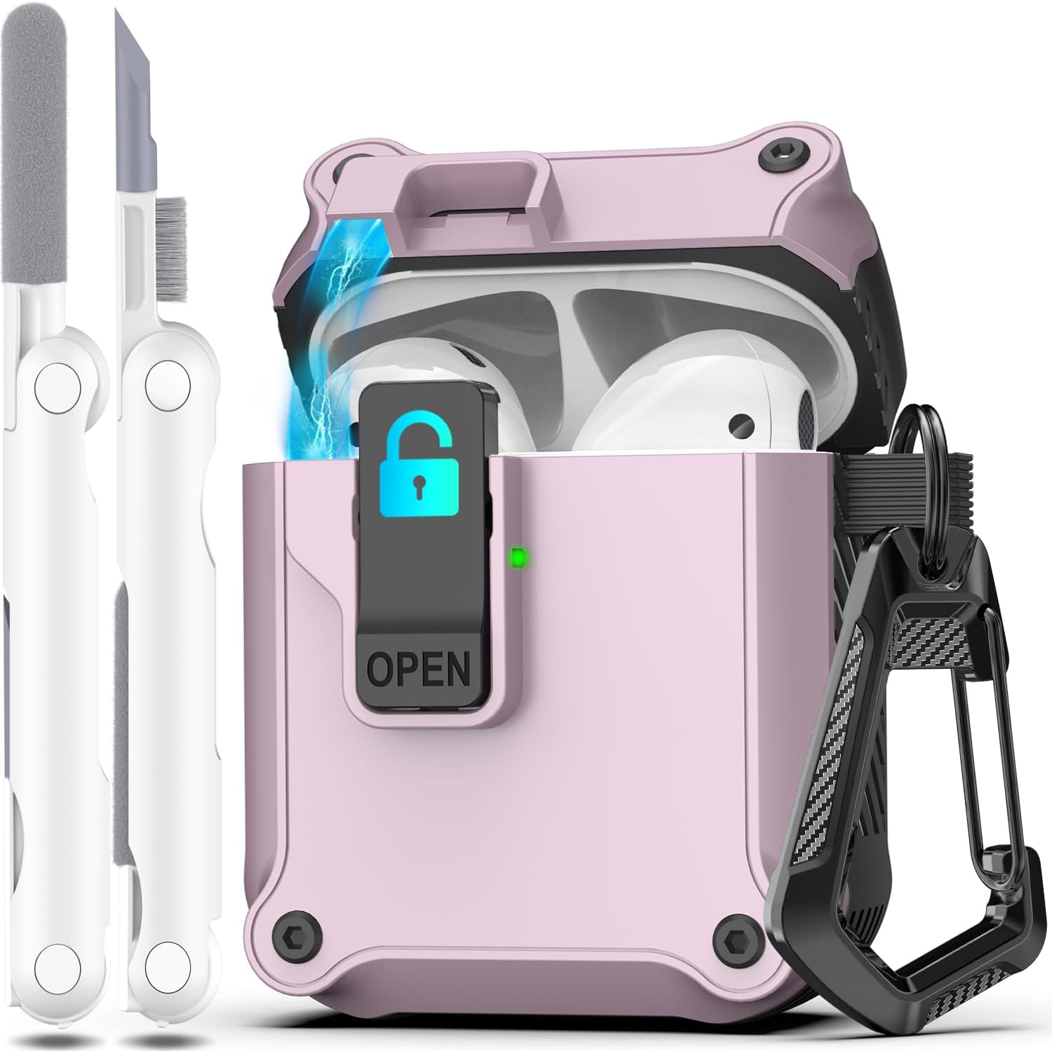 R-fun AirPods de 2 generación y 1 generación con clip de bloqueo seguro automático, carcasa rígida protectora de cuerpo completo para mujeres y