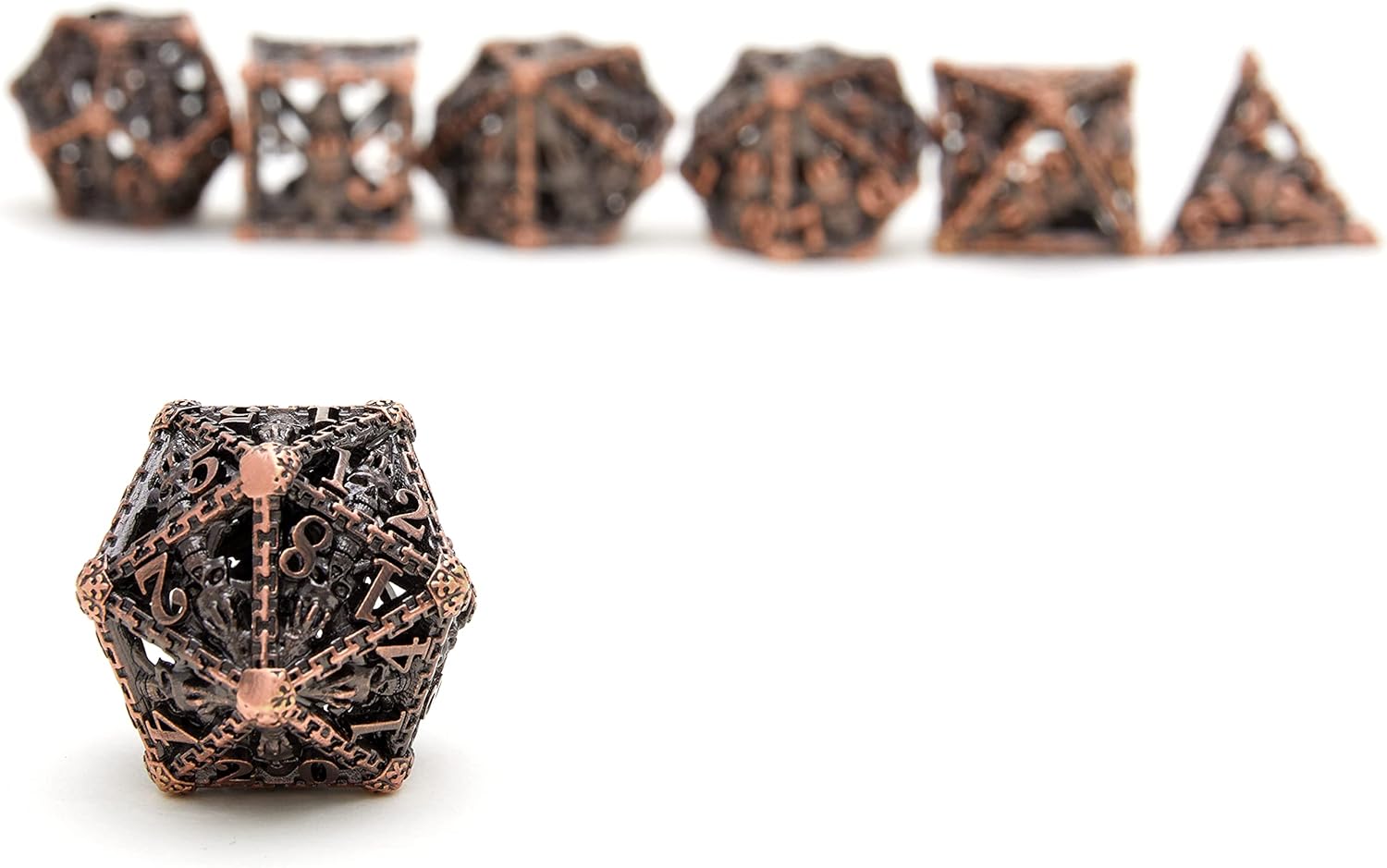 Tbrand Juego de dados de metal, dados de metal de calavera poliédricos huecos adecuados para juegos de rol de Calabozos y Dragones, cobre rojo