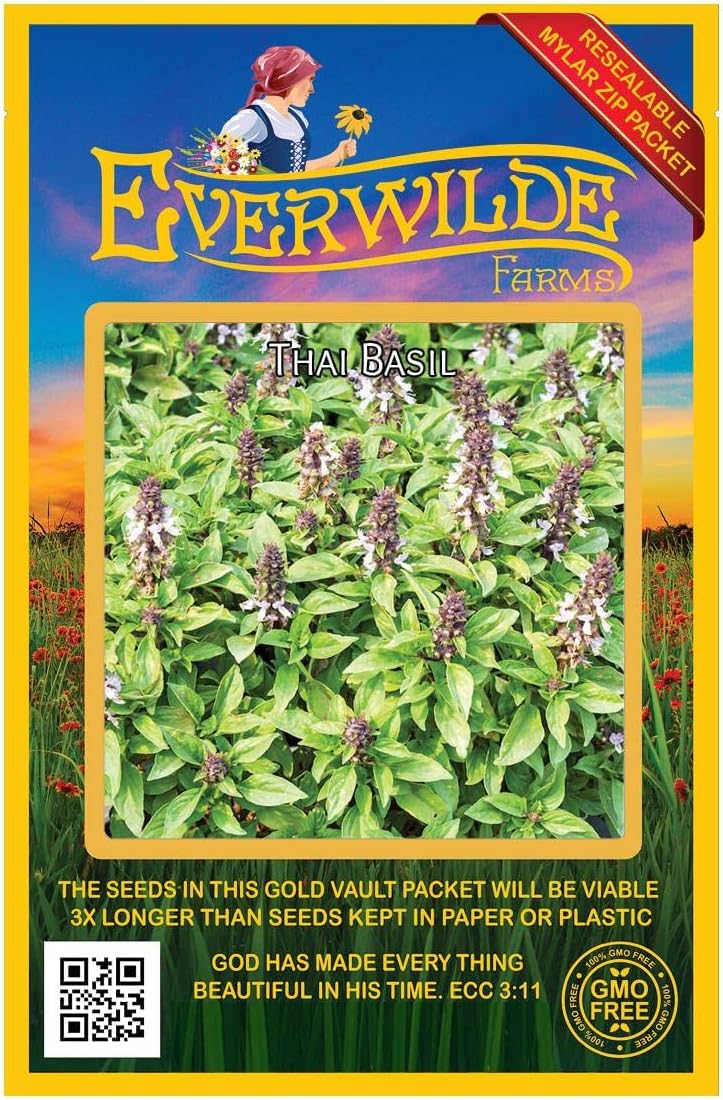 Everwilde Farms – 2000 semillas de hierbas de albahaca tailandesa – Paquete de semillas jumbo Gold Vault