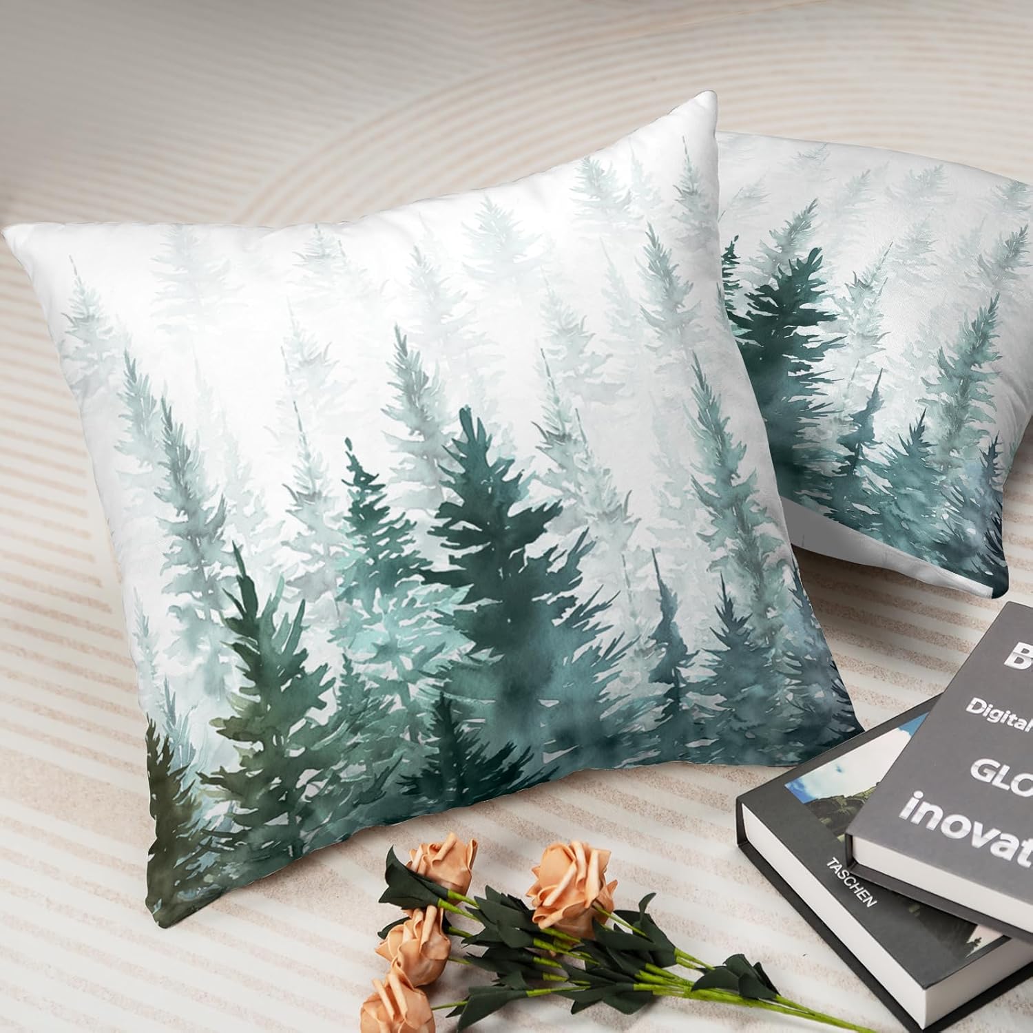 Juego de 2 fundas de almohada de árboles verdes acuarela de 18 x 18 pulgadas, fundas de almohada de invierno verde oscuro con temática de