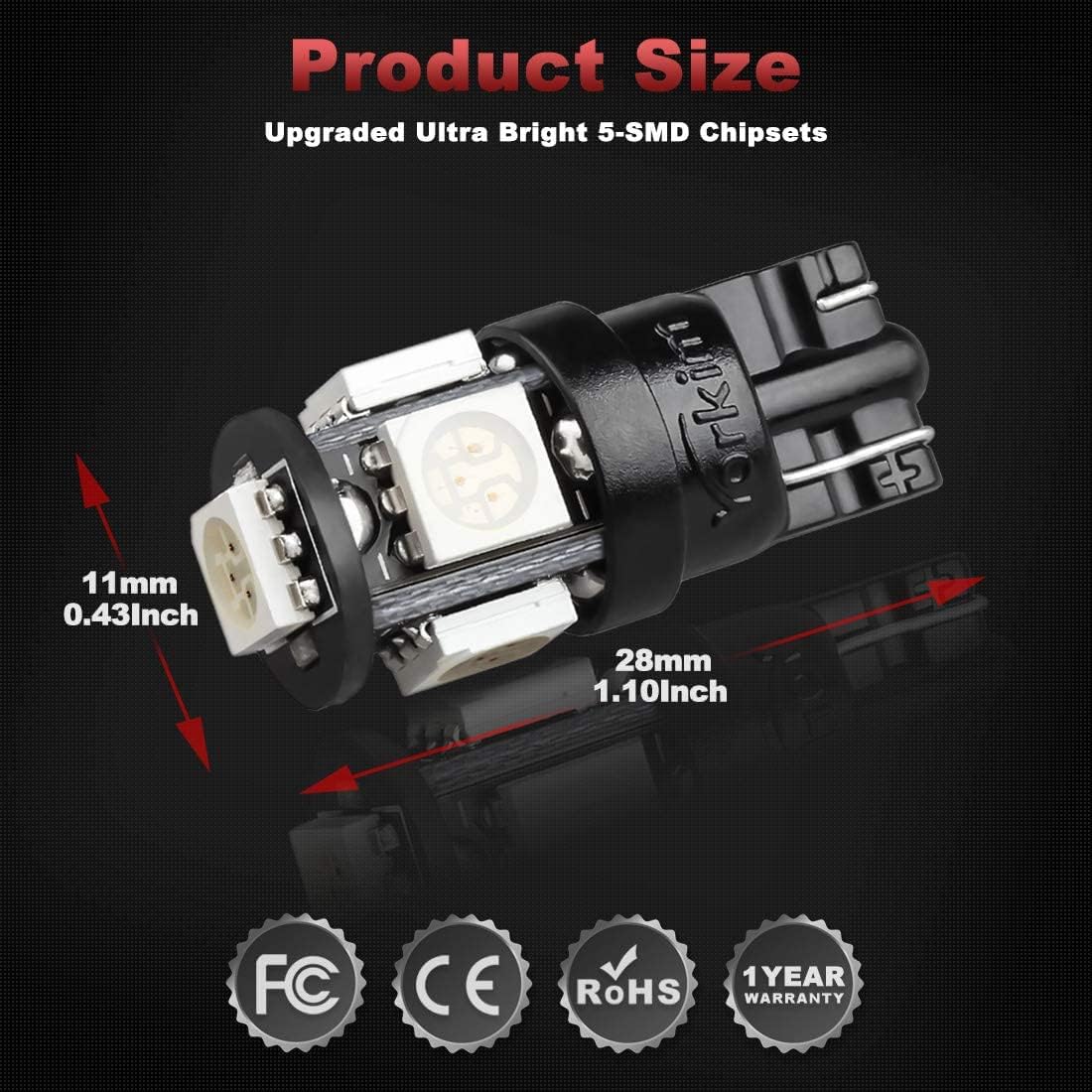 Yorkim – 194 bombillas led T10 de 6000 K, color blanco superbrillante, bombillas para luz de matrícula y luz lateral de automóvil